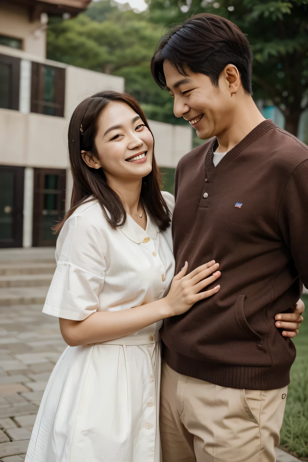Neat style, couple, korean, Highest Quality ,masterpiece, Image of someone in their 40s, couple, smiling happily, Looking at each other and smiling