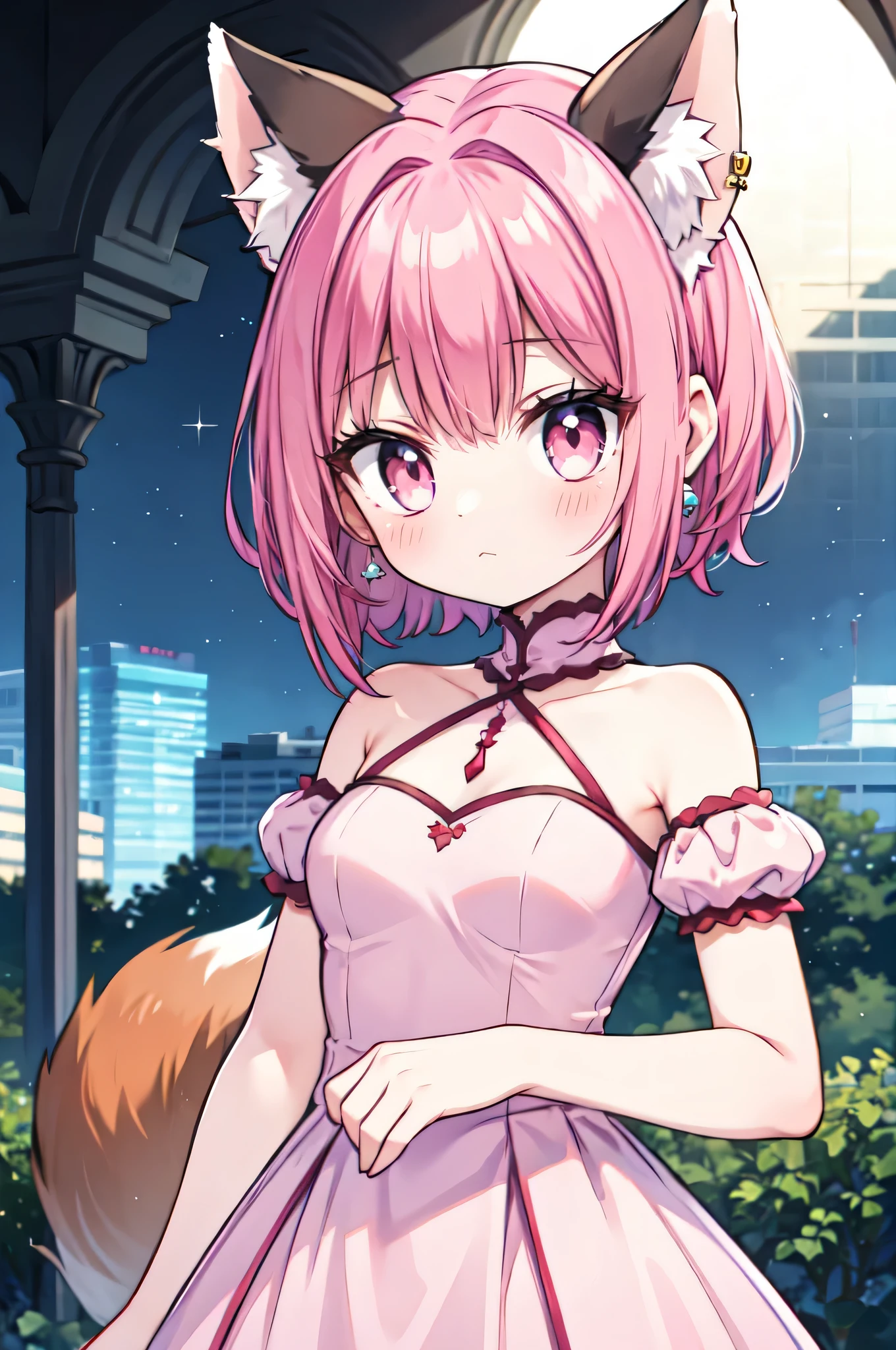 (pink eyes, anime style, pretty girl, short pink hair, purple prom dress, foxgirl, 8k, hi-res, earrings, fox tail, princess tiara, vivid colors, professional lighting, dreamy atmosphere), ((fox tail))