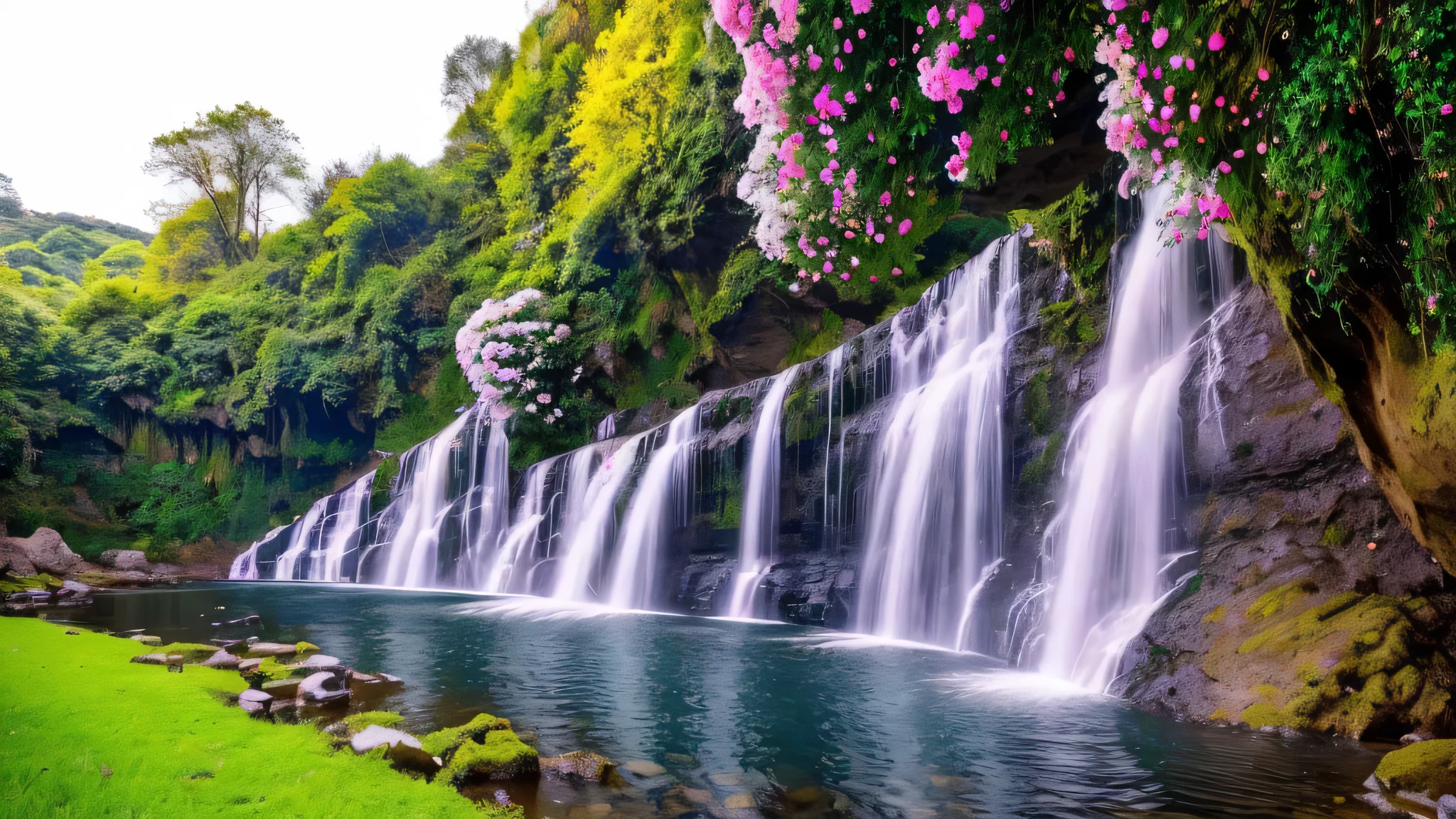 a close up of a waterfall with a bunch of flowers on it, flowers and waterfalls, peaceful beautiful waterfall, beautiful stunning waterfall, waterfalls and lakes, beautiful waterfall, stunning waterfall, floating waterfalls, beautiful nature, lakes and waterfalls, pink waterfalls, waterfall backdrop, with waterfalls and river, cascading, waterfalls, cascading waterfalls, beautiful wallpaper, stunning scene