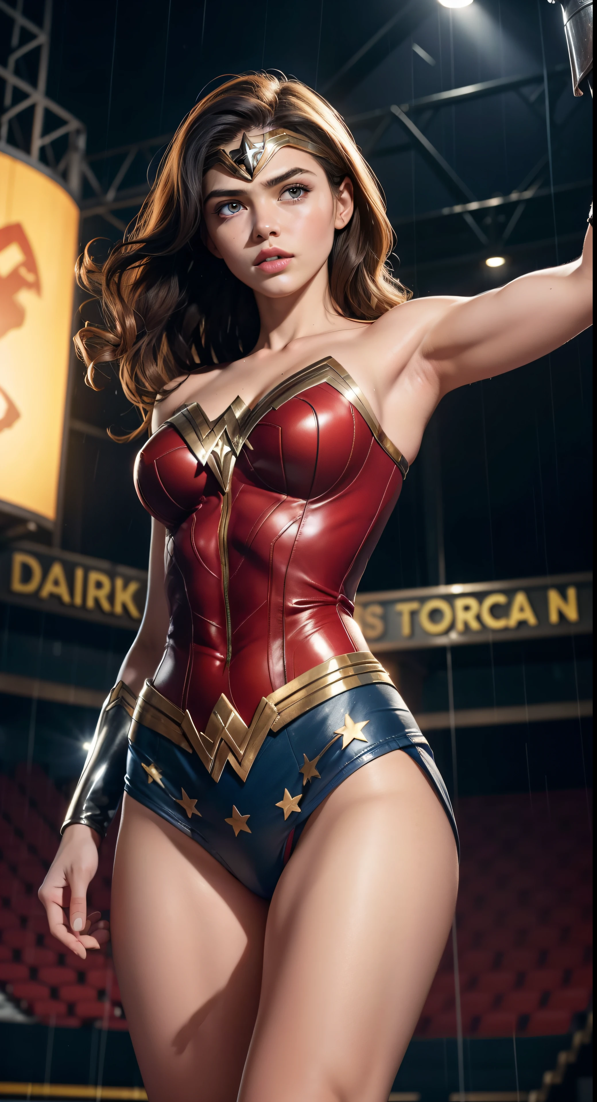 An 18-year-old girl, exuding youthful charm and confidence, dons the iconic Wonder Woman suit in this masterpiece. Her short curly blonde hair cascades down her shoulders, framing her beautiful face with its captivating features. The rain pelts against the worn-out roof, setting the stage for an intense and dramatic scene. Despite the inclement weather, every detail of her perfect anatomy is showcased, from the broad shoulders to the toned arms and legs. With a fierce and determined expression, she assumes a fighting stance, ready to defend against any possible threat. The exquisite details and perfect anatomy of this image leave no room for doubt - it
