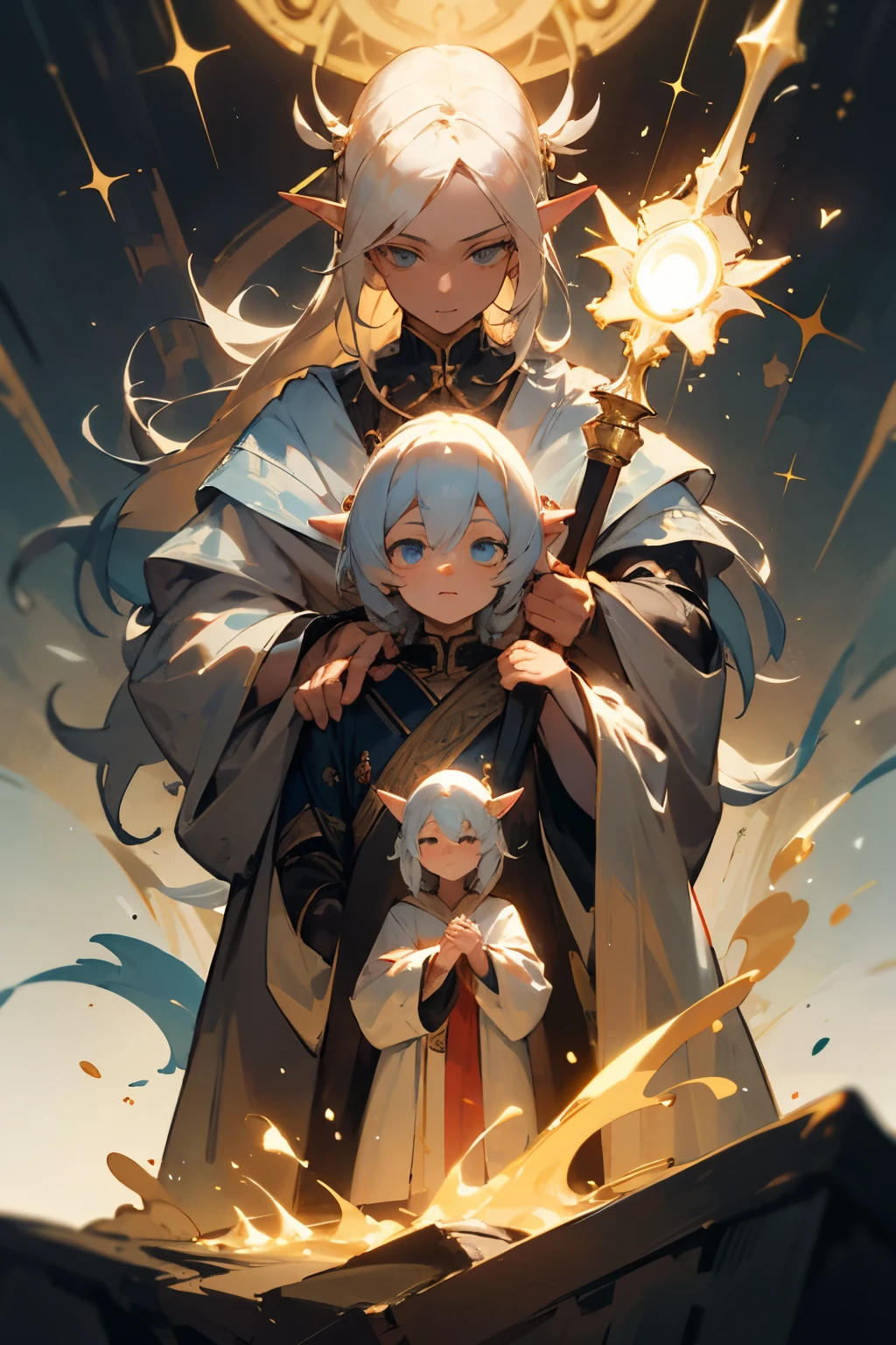"Imagine and describe in detail a homunculus of a high elf expert in magical crafts. This homunculus, Despite its diminutive size, radiates an exceptional beauty typical of elven creatures. Su piel resplandece con un suave tono perlado, mientras que sus ojos, small but penetrating, shine with a spark of ancient wisdom. Su figura, sculpted with artisanal precision, exhibe una elegancia natural en cada movimiento. He is dressed in finely woven robes and adorned with enchanted ornaments that shine with their own light..
This homunculus, In addition to its amazing appearance, posee una personalidad intrigante y cautivadora. Es leal a su creadora, but he also shows an insatiable curiosity about the world around him. Su aguda mente, alimentada por la magia que lo anima, grants you exceptional abilities in the art of alchemy and the creation of magical artifacts. Describe in detail your physical appearance, his charming personality and special abilities that make him unique as a high elf artificer's homunculus."