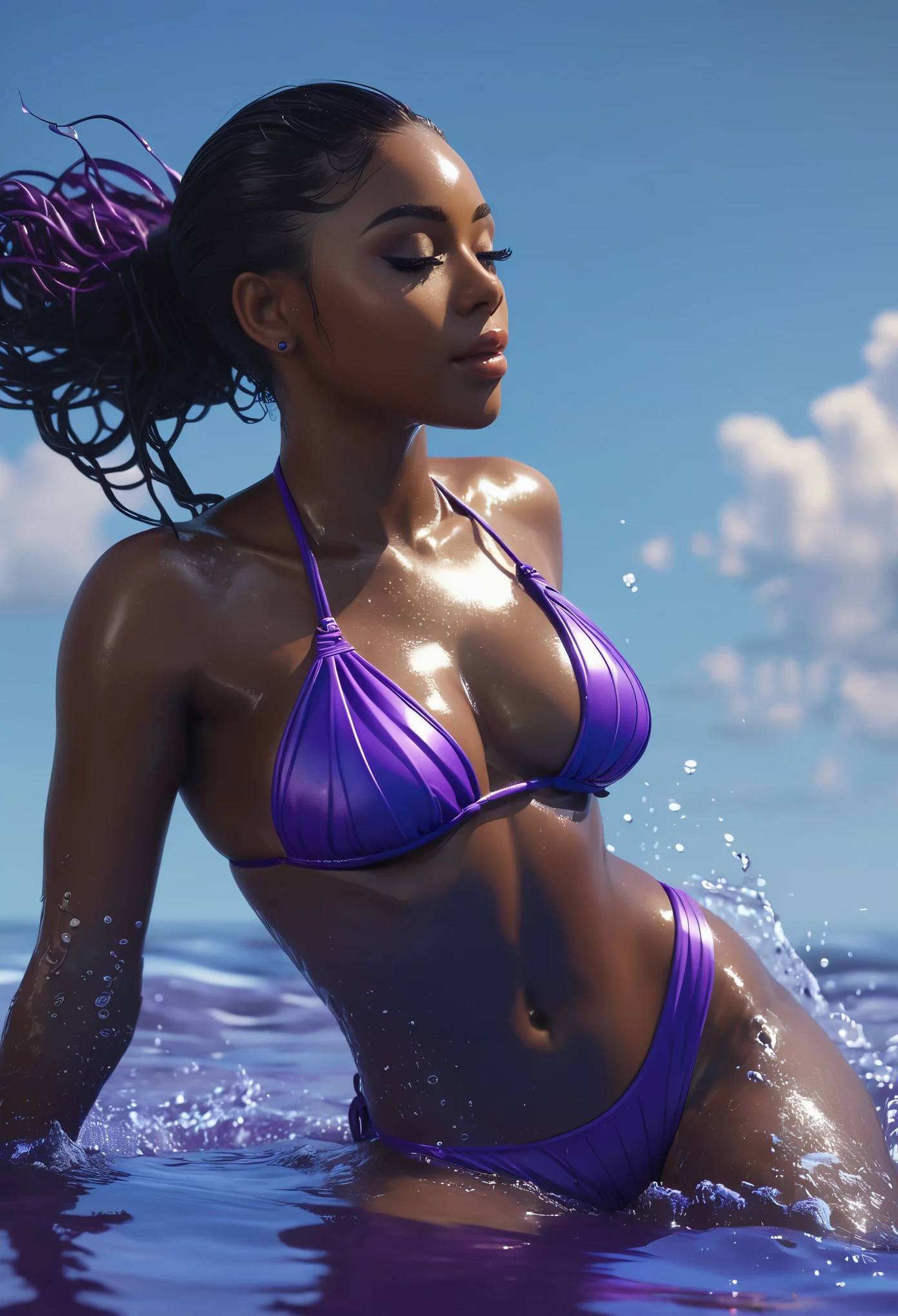 sexy black woman in blues bikini in the water, realistic bikini, smooth purple skin, in the style artgerm, ( ( dark skin ) ), deviantart artstation cgscosiety, in the water, dark purple skin, wlop glossy skin, swimsuit model, in style of wlop, in water up to her shoulders, epic 3 d oshun, UHD, super detail, best quality
