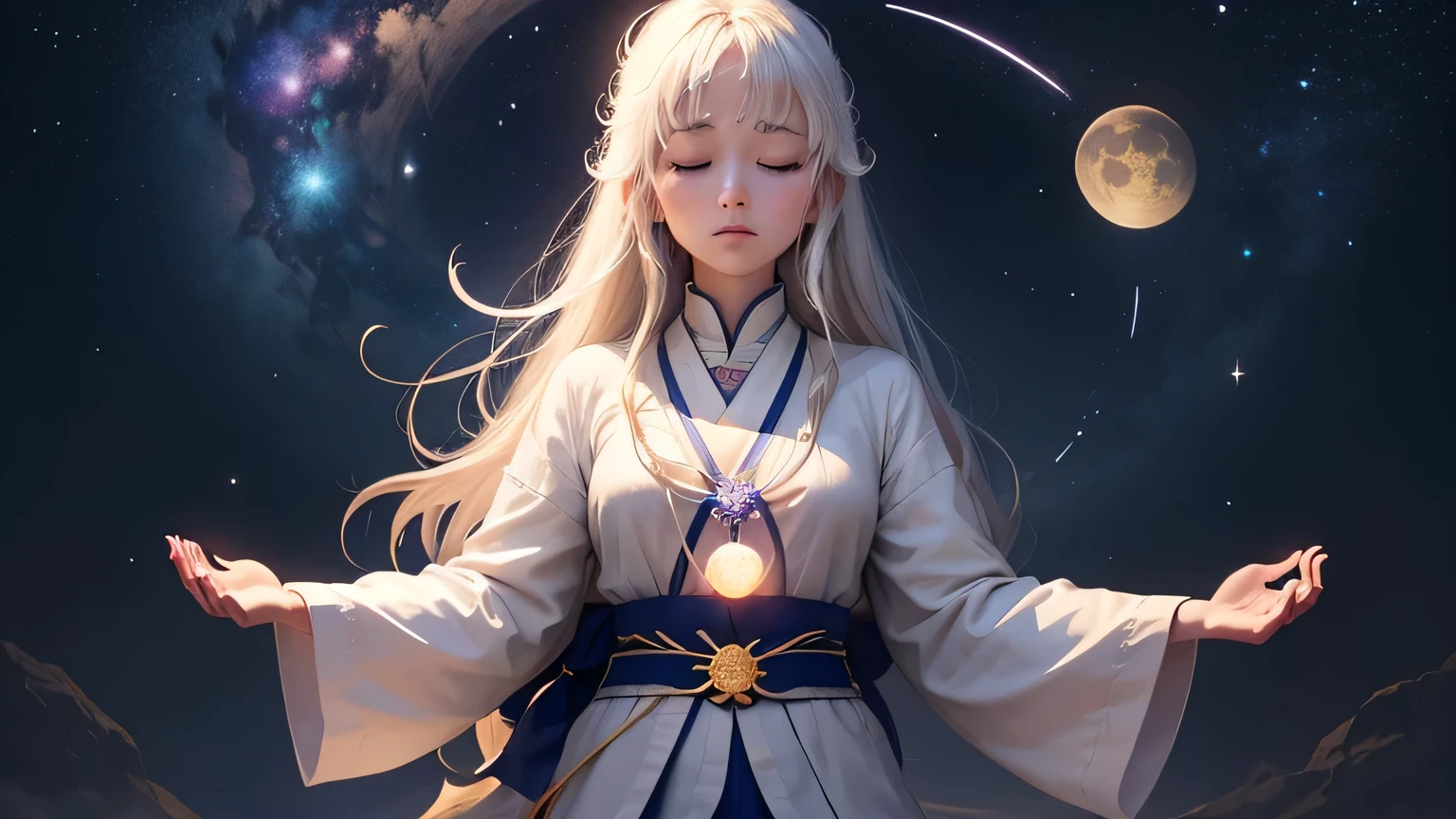 A woman doing meditation pose from behind starry skies moon Create a website design for a human chakra healer, meditation, human hand with energy flowing through it, Seven chakras, White tunic