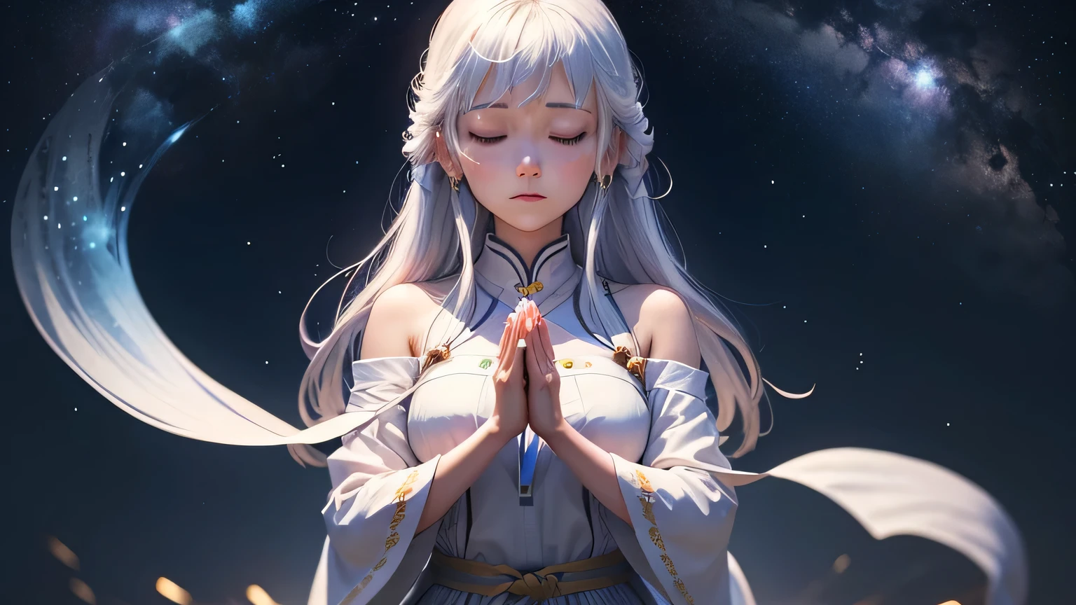 A woman doing meditation pose from behind　starry skies　moon　Create a website design for a human chakra healer, meditation, human hand with energy flowing through it, Seven chakras, White tunic