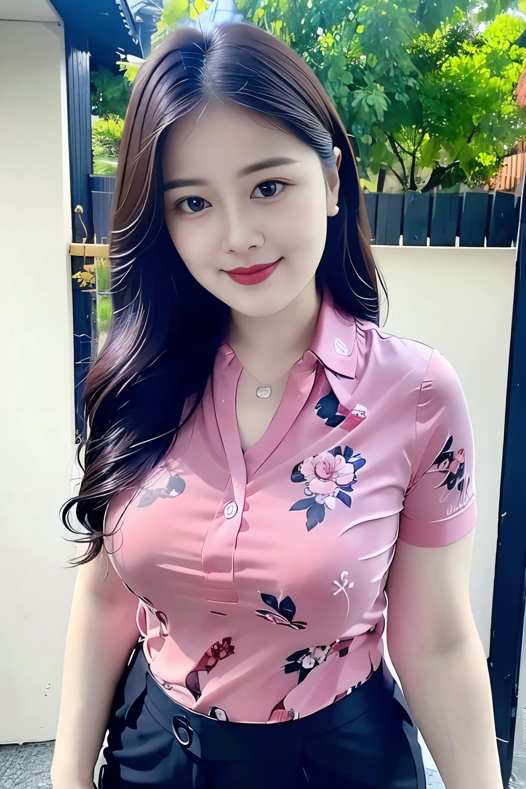 (top quality、8k、masterpiece:1.3))、30-year-old Korean woman,sharp focus, High level of image quality, high resolution,facial focus,Portrait ID photo,Upper body photo,。Draw lips correctly, red lipstick,Wear a colorful shirt,short sleeve,Pink floral bow tie。wavy long hair,,Mature,charming smile,Pink warm color background,solid color background