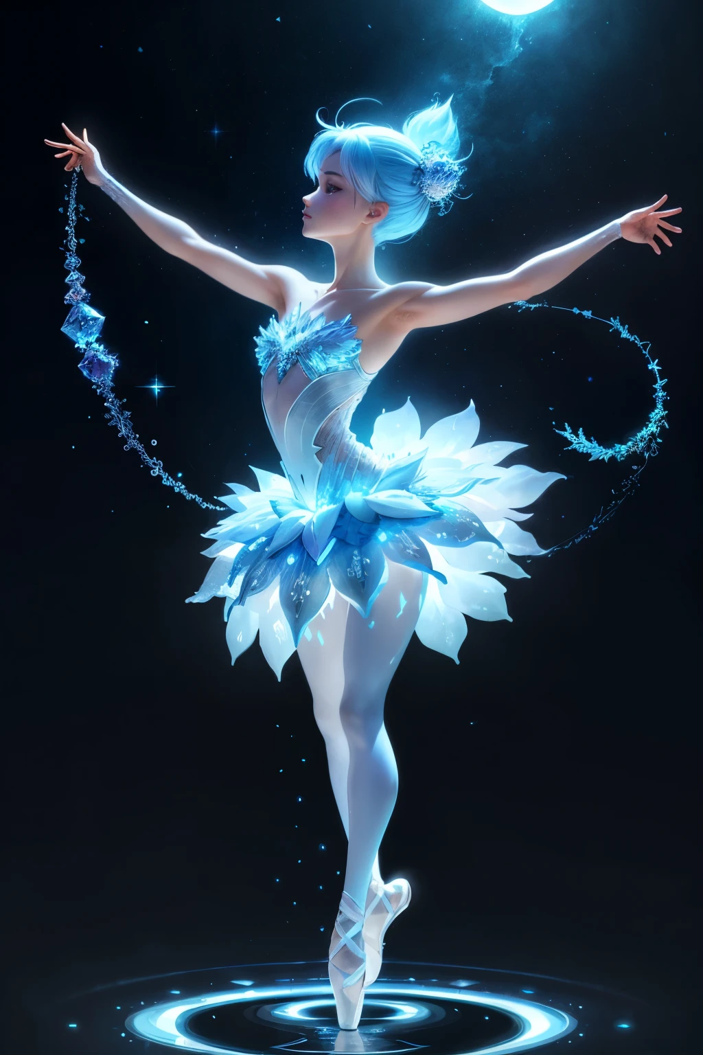 A crystalline character, floating, in the moonlight, in a ballet with illuminated particles, perfect human ???????