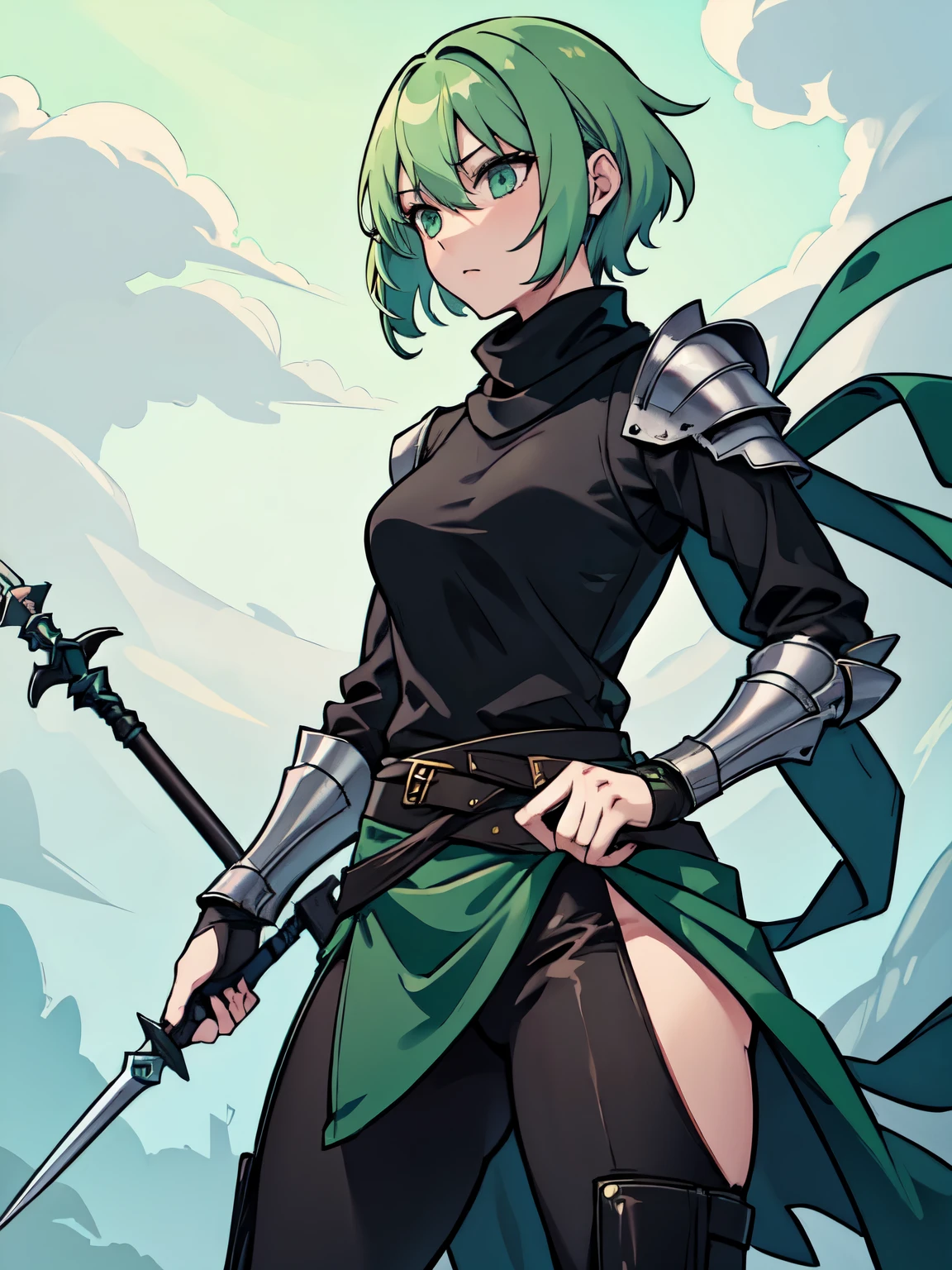 masterpiece, best quality, highres, 1girl, short green pastel hair, black shirt, turtleneck, long scarf, spear, armor