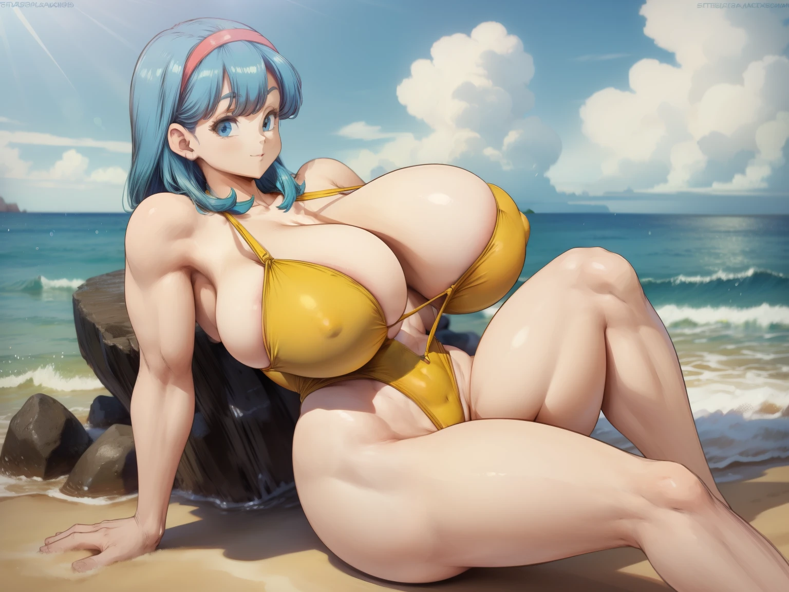 Bulma_dbzgirl, highres, best quality, masterpiece, 8K_definition, intricate details, uhd, gorgeous girl relaxing at beach, ((sitting at shore of beach, water touching sea)), perfect legs, thick thighs, (in tight yellow one-piece swimsuit), busty deep cleavage, straight light-blue hair, fringes, large blue eyes, lovely smile, sunnyday, ocean background, clouds, bubble butt, huge breasts, giant butt, thick thighs