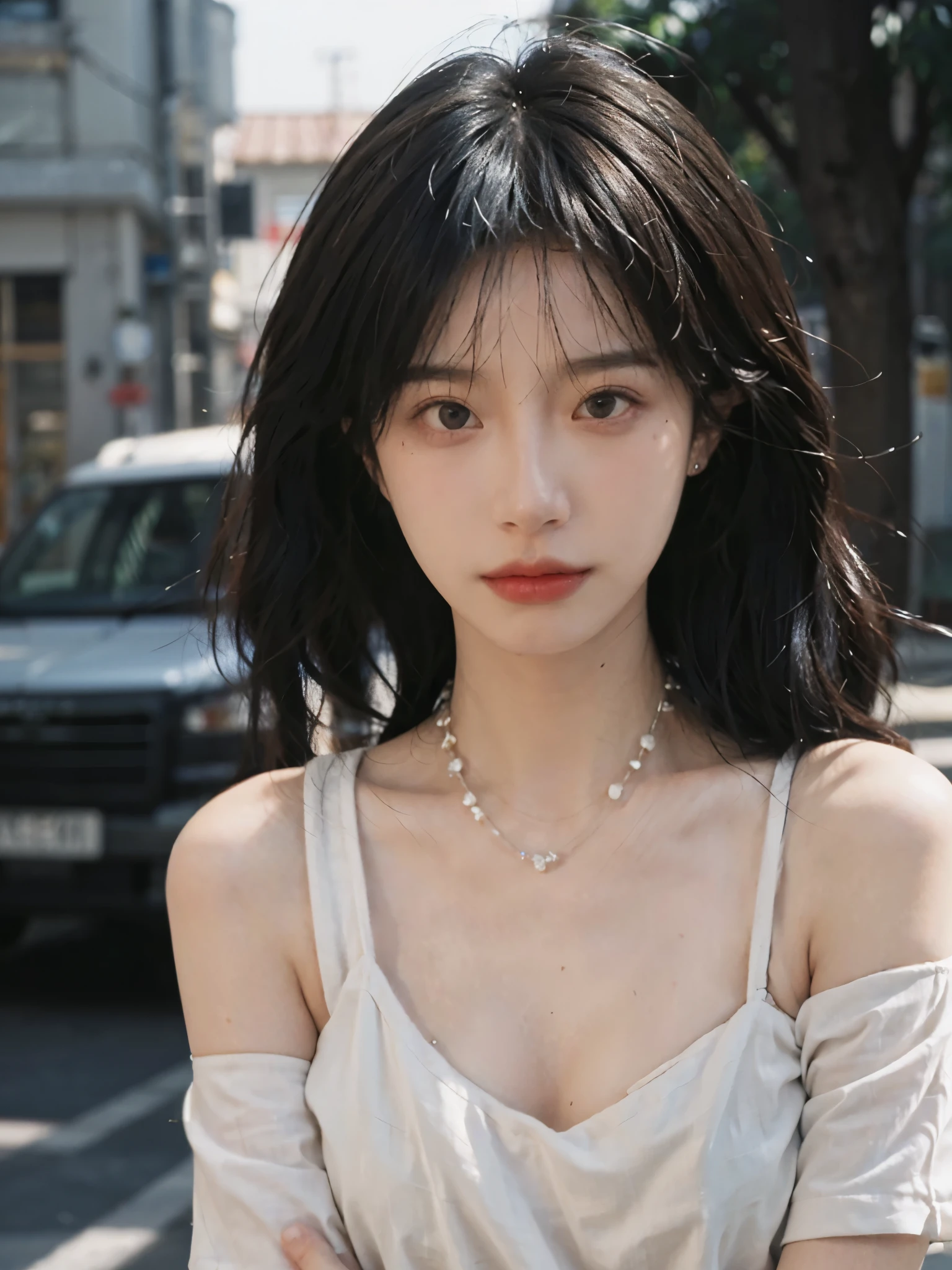 Film portrait photography, 1 girl, bare shoulders,lipstick,(flat chest:1.4), Shoulder length wavy hair, wear necklace,scarf,earrings,short sleeves,serene, calm, (Realistic and detailed eyes, natural skin texture, Realistic facial details), Soft dramatic lighting, depth of field, Bokeh, big breasts,Areola,split,cleavage,Vibrant details, Detailed and detailed, surreal, 35mm film, hazy, ,