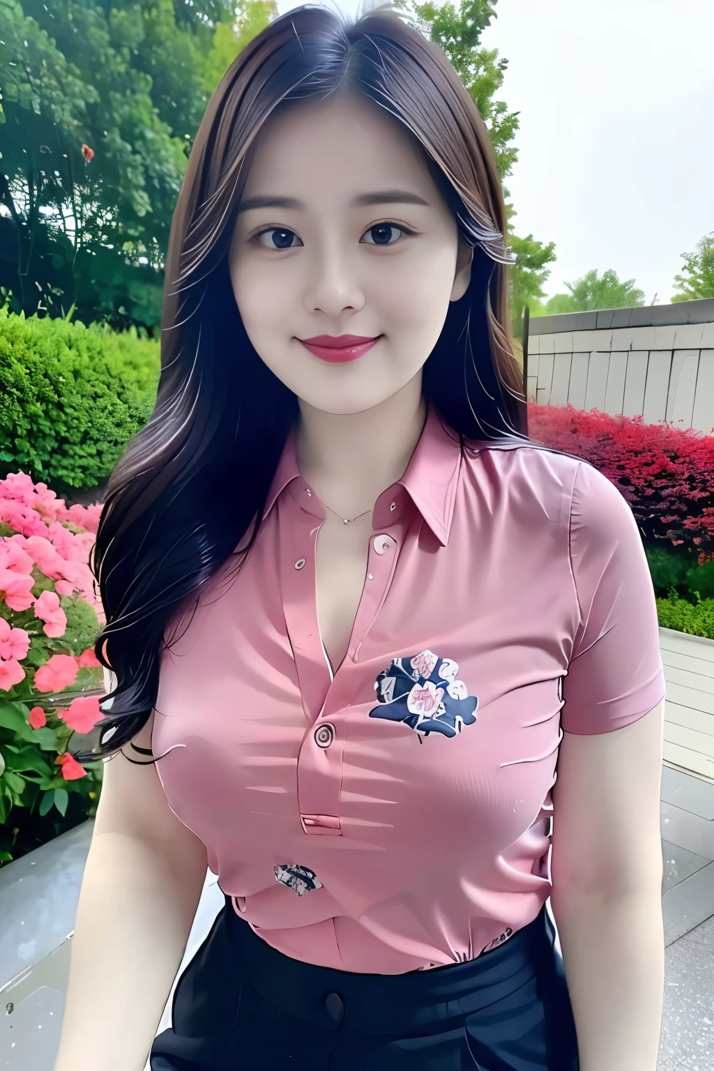 (top quality、8k、masterpiece:1.3))、30-year-old Korean woman，sharp focus, High level of image quality, high resolution，facial focus，Portrait ID photo，Upper body photo，。Draw lips correctly, red lipstick，Wear a colorful shirt，short sleeve，Pink floral bow tie。wavy long hair，，Mature，charming smile，Pink warm color background，solid color background