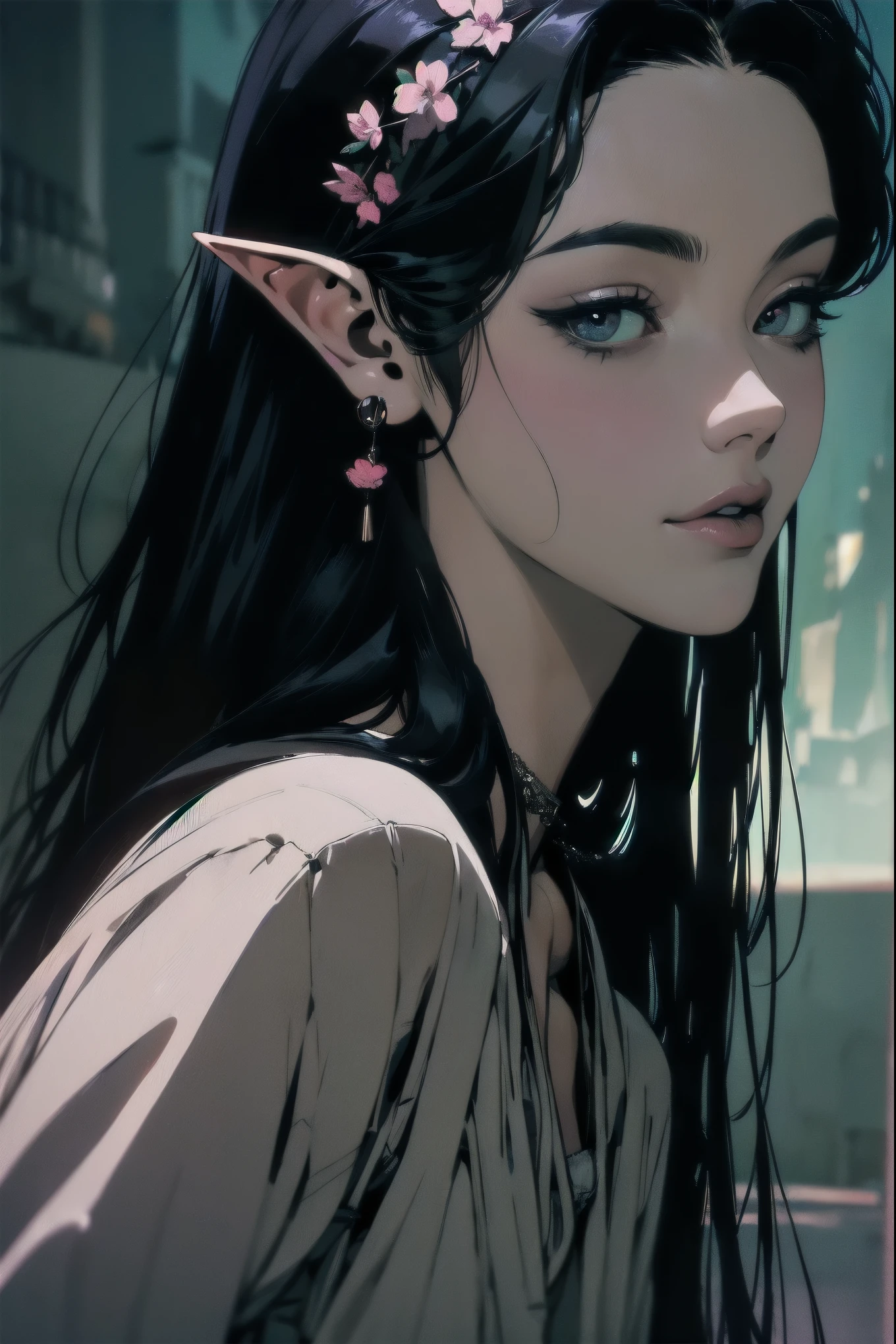 { - anatomy error}(Masterpiece - Ultra-detailed, very high resolution)moonlight, hyper-realistic of a mysterious woman with flowing black hair, ears of elf, piercing opal eyes, and a delicate floral crown, delicate smile, upper body, backwards, looking back, small neck, with chin on shoulder , elf girl 