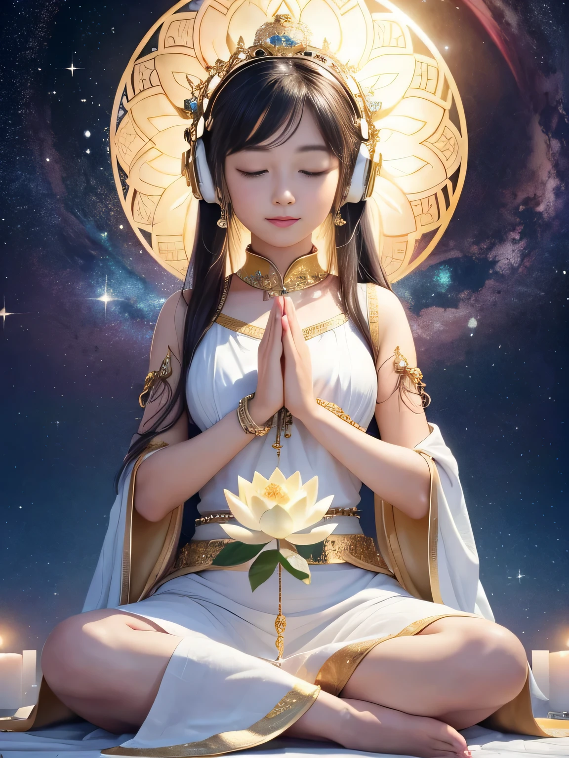 highest quality，T Masterpiece：1.2，detailed details，Wearing headphones、The beautiful young goddess gently closed her eyes.，smile gently. she folded her hands in prayer meditation. she was wearing a white dress，Stars shining in the blue night sky, you are sitting on a lotus flower，in a fantastic atmosphere，I feel as if I am one with the universe.. High freshness, 8K