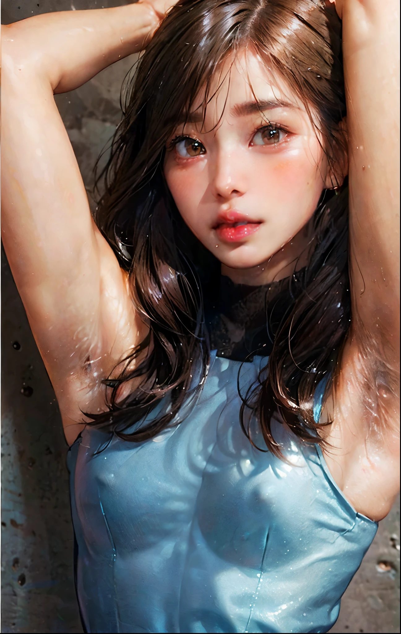 PM, Light brown eyes, (Japanese girl),1girl in, 27yr old, Innocence, (Photorealsitic),(best quality:1.4), (超A high resolution:1.2), 超A high resolution, (A detailed eye), (detailed facial features), nfsw, 8k resolution, (lensflare:0.7),(small breasts:1.4),(bushy eyebrows),straight eyebrows,low eyebrows,(thick lips:1.3),(glossy lips:1.3),(lipstick,light blue lips:1.2),(blush),black hair,(brown eyes), wide forhead,(armpit hair:1.3),