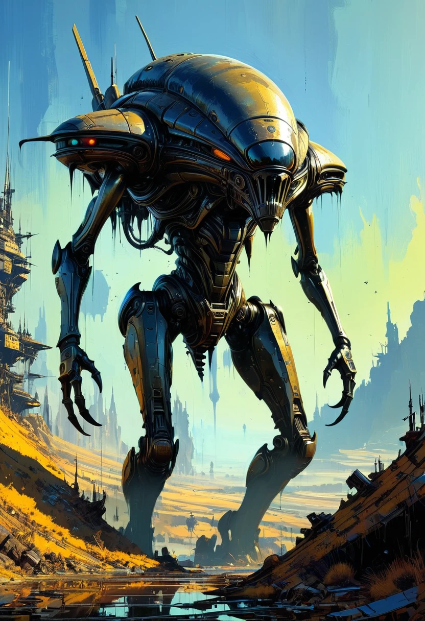 Alien Landscape, by Ralph McQuarrie, (masterpiece, best quality, perfect composition, very aesthetic, absurdres, ultra-detailed, intricate details, Professional, official art, Representative work:1.3)