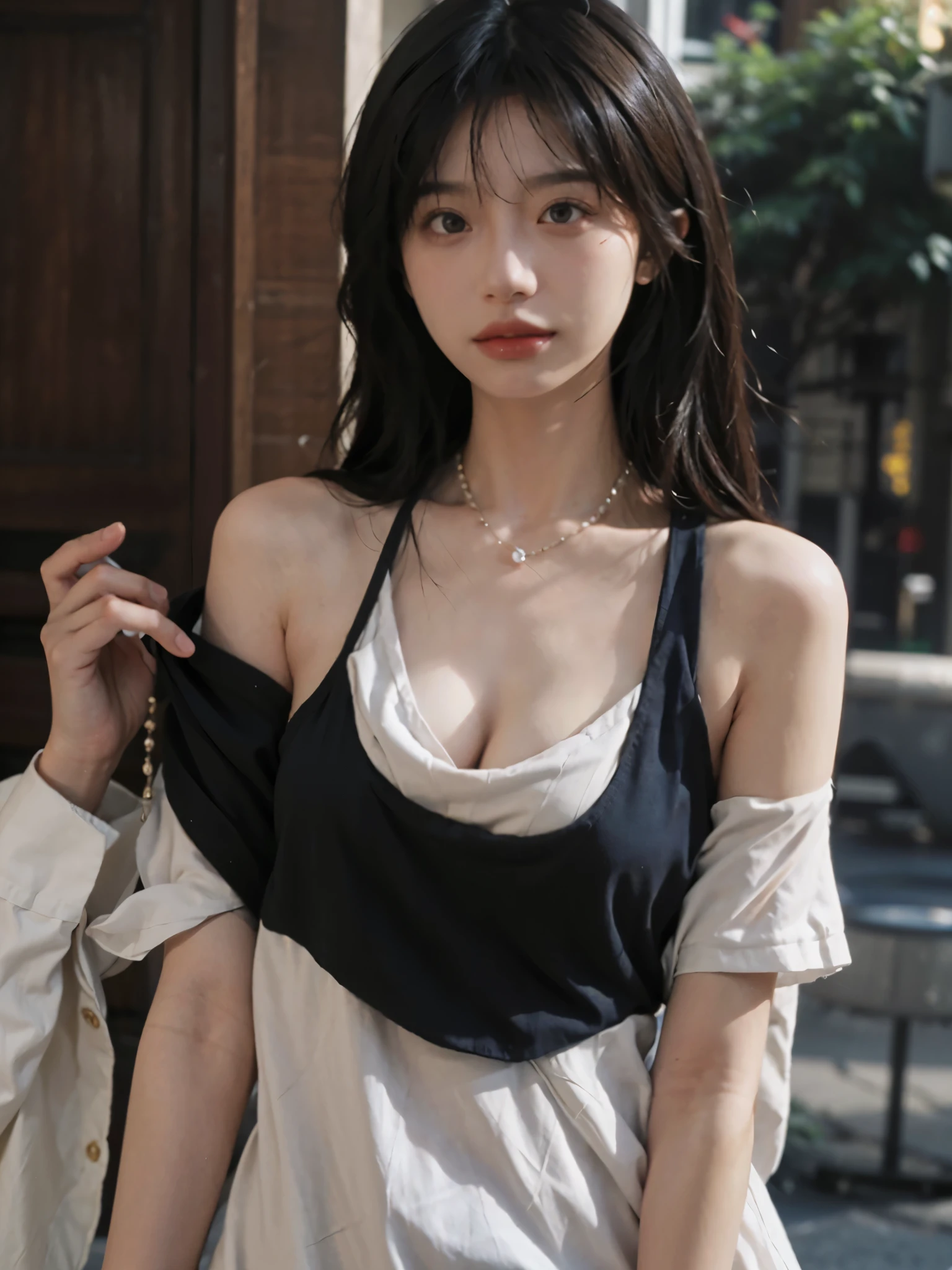 Film portrait photography, 1 girl, bare shoulders,lipstick,(flat chest:1.4), Shoulder length wavy hair, wear necklace,scarf,earrings,short sleeves,serene, calm, (Realistic and detailed eyes, natural skin texture, Realistic facial details), Soft dramatic lighting, depth of field, Bokeh, big breasts,Areola,split,cleavage,Vibrant details, Detailed and detailed, surreal, 35mm film, hazy, ,