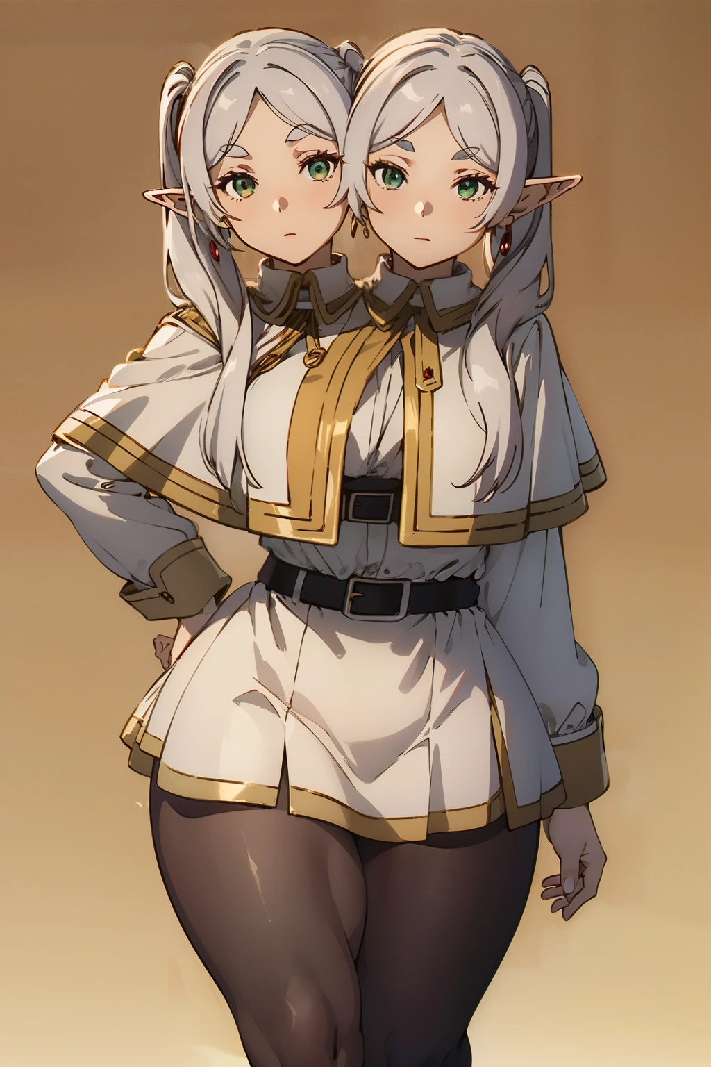 (2heads:1.5), 1girl,solo,elf,white hair,grey hair,earrings,pointy ears,long hair,ponytail,green eyes,twintails,parted bangs,thick eyebrows,collared capelet,white capelet,striped shirt,long sleeves,striped,white skirt.,
pantyhose,brown footwear,expressionless,red staff,, Exquisite visuals, high-definition,masterpiece,best quality,, Exquisite visuals,high-definition,masterpiece,best quality,18yo,Young female,Beautiful Fingers,Beautiful long legs,Beautiful body,Beautiful character design,white panties, (muscular:1.3), (thick thighs:1.2), (wide hips:1.2)