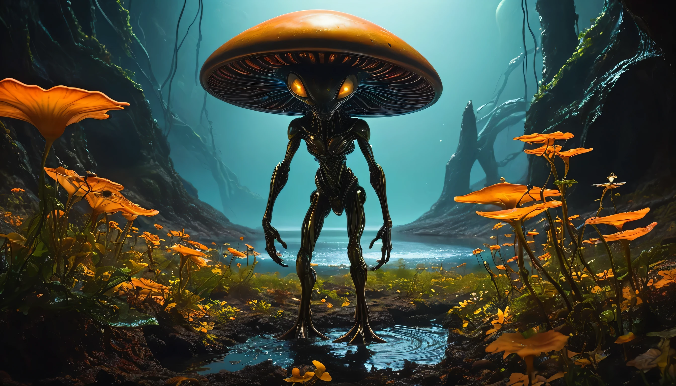 alien landscape of star light back alien illustration, dim glow eyes alien standing, metal steel ground, moon light with no cloud, slime body creature walk, cyber creepy aliens, river of rust, around cosmic neuron flower, creepy glow of space mushroom, intricate detail oil paint, insane shadow and light gouache paint, (((stunning detail of matte-painting illustration:1.3))), high quality, tonal contrast, beautiful detail, shadow enhancement, extremely fine brush-work,