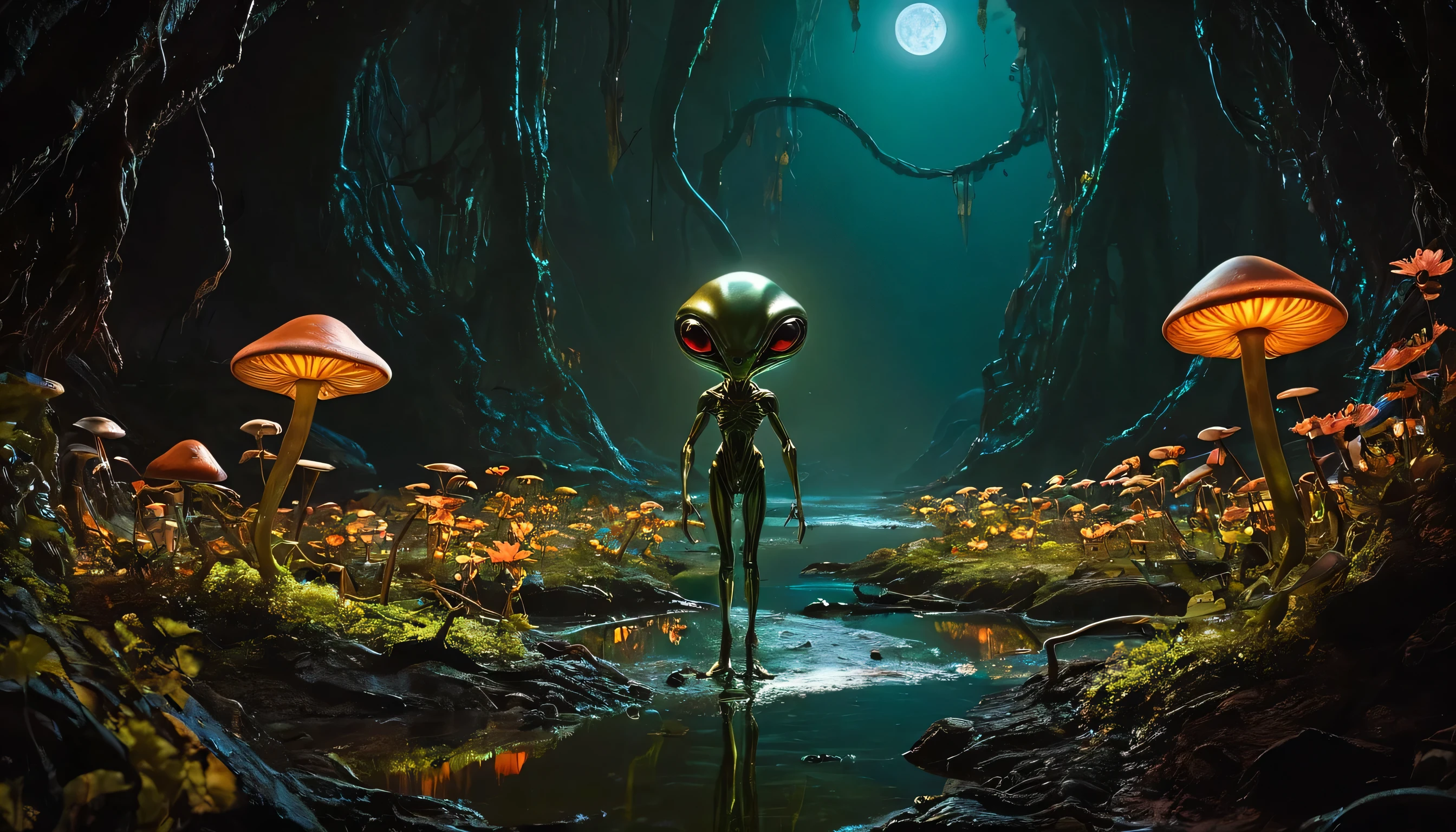 alien landscape of star light back alien illustration, dim glow eyes alien standing, metal steel ground, moon light with no cloud, slime body creature walk, cyber creepy aliens, river of rust, around cosmic neuron flower, creepy glow of space mushroom, intricate detail oil paint, insane shadow and light gouache paint, (((stunning detail of matte-painting illustration:1.3))), high quality, tonal contrast, beautiful detail, shadow enhancement, extremely fine brush-work,