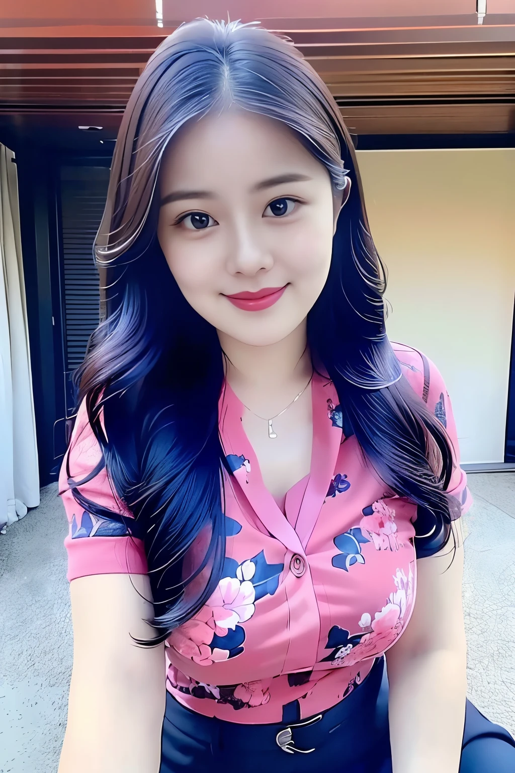 (top quality、8k、masterpiece:1.3))、30-year-old Korean woman，sharp focus, High level of image quality, high resolution，facial focus，Portrait ID photo，Upper body photo，。Draw lips correctly, red lipstick，necklace，big eyes，charming smile，Wear a colorful shirt，short sleeve，Pink floral bow tie。wavy long hair，，Mature，charming smile，Pink solid background，Warm background