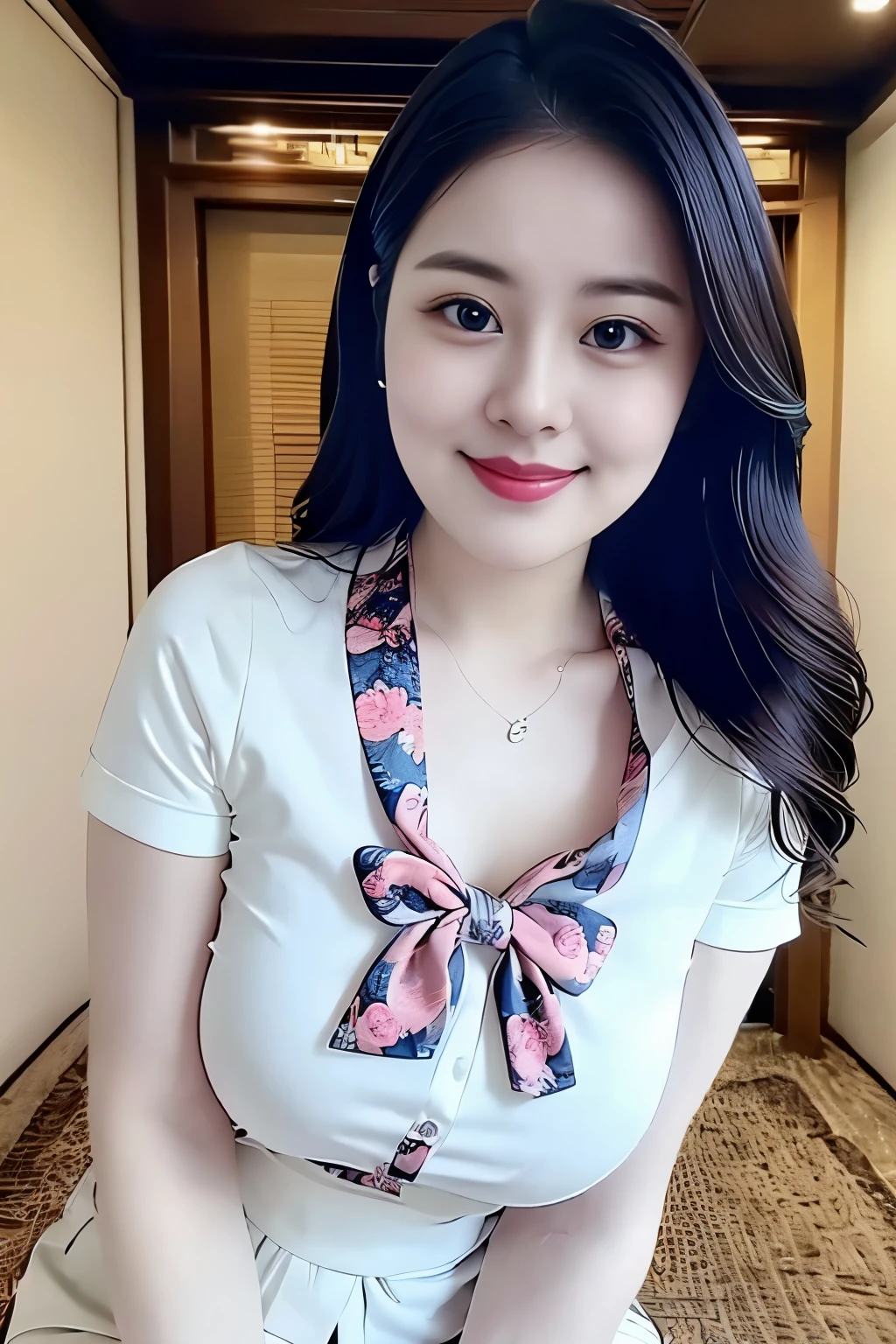 (top quality、8k、masterpiece:1.3))、30-year-old Korean woman,sharp focus, High level of image quality, high resolution,facial focus,Portrait ID photo,Upper body photo,。Draw lips correctly, red lipstick,necklace,big eyes,charming smile,Wear a colorful shirt,short sleeve,Pink floral bow tie。wavy long hair,,Mature,charming smile,Pink solid background,Warm background