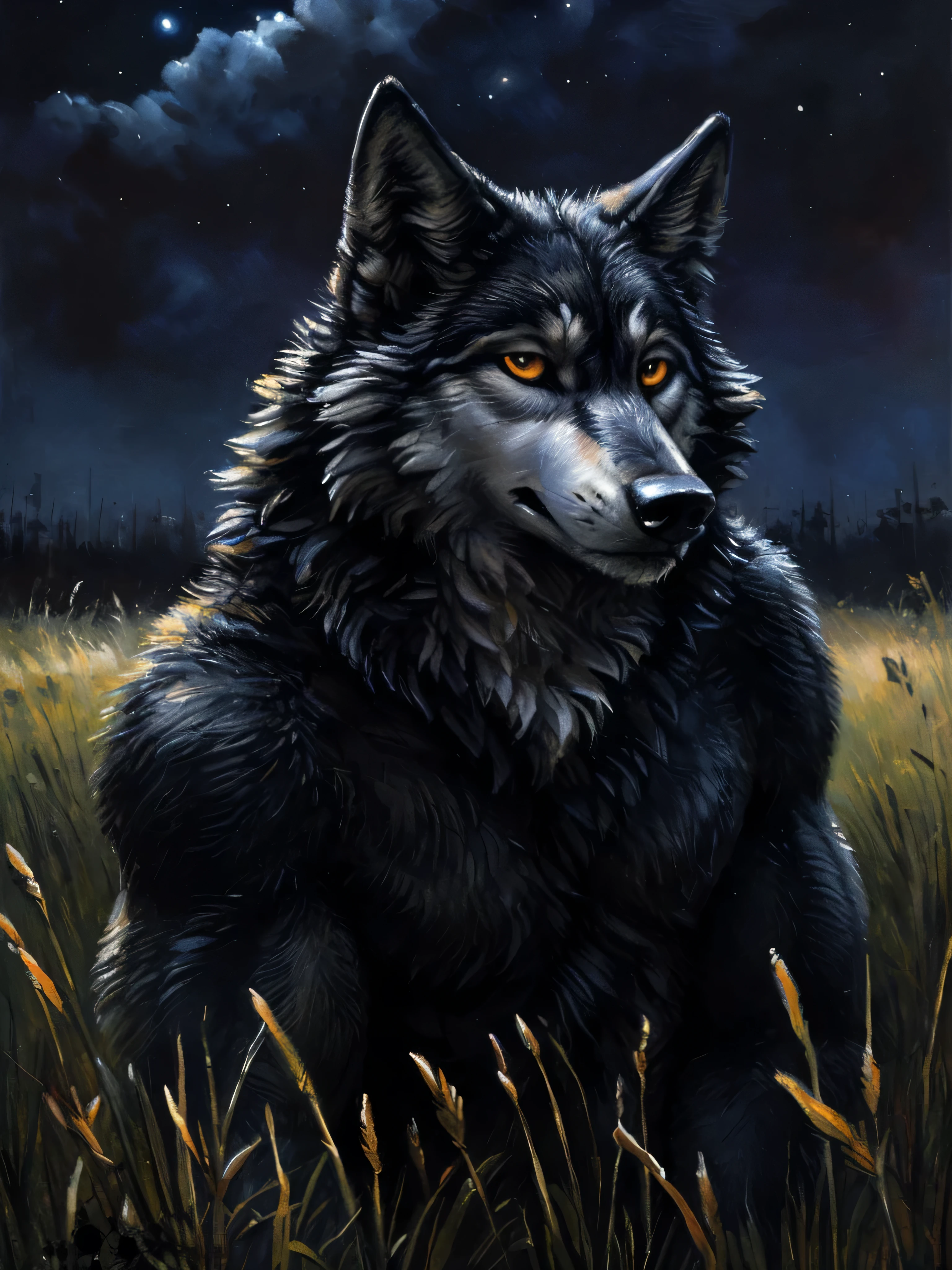 symmetrical eyes, dark retinas, simple eyes, ((large wide eyes, staring intensely at camera)), ((solo)), male, anthro, (black wolf), ((wolf tail:1.5)), (sheath, (balls)), ((black fur, thick fur, furry body)), (muscular, beefy), by blotch, by kenket, (masterpiece, high quality, 8k, (perfect hands), correct anatomy:1.2), ((emerging from tall grass, obscured by tall grass, tall grass, ominous, emotionless)), ((mature male)), sexy, ((Nighttime, detailed background)),