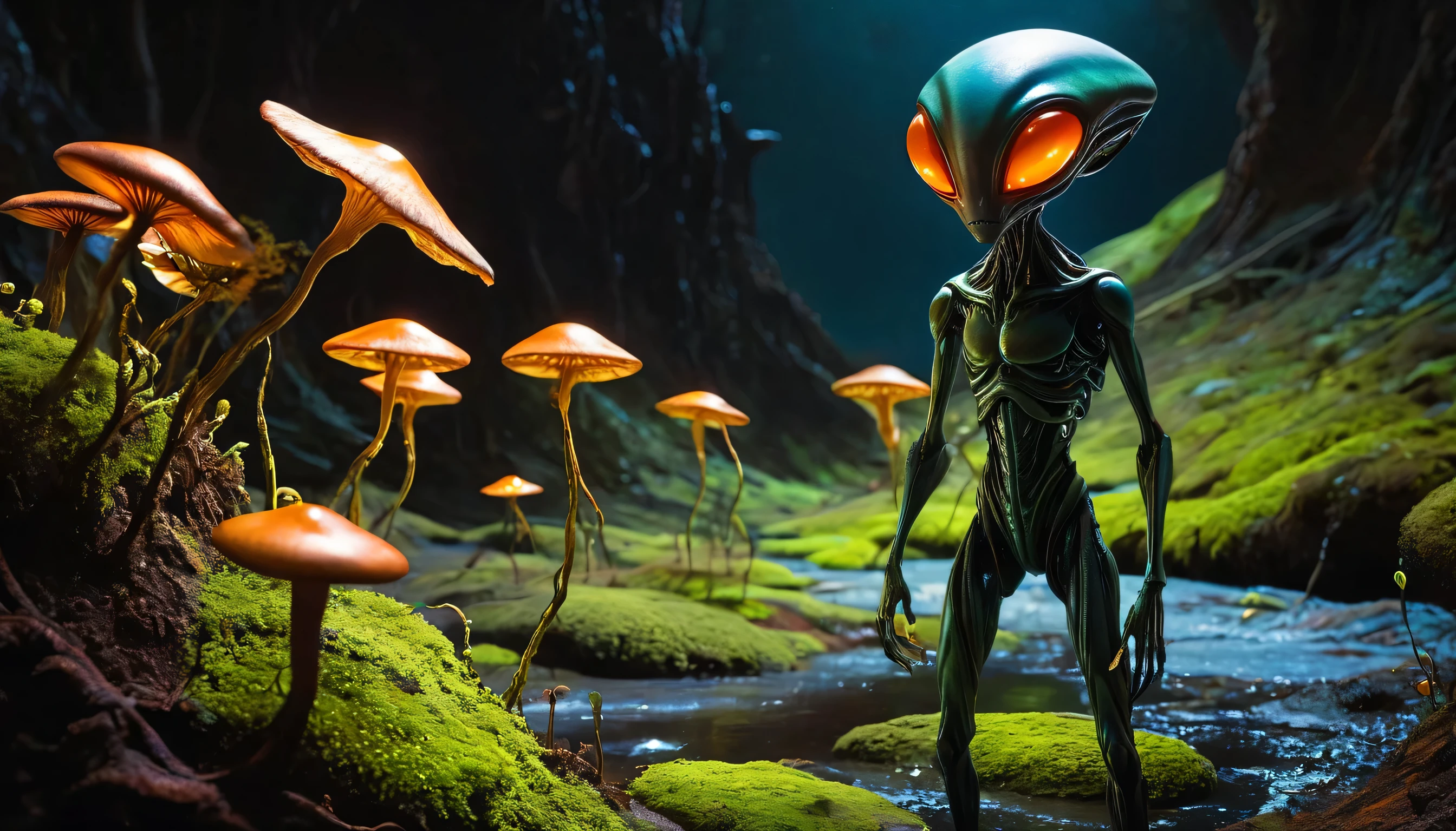 alien landscape of star light back alien illustration, dim glow eyes alien standing, metal steel ground, moon light with no cloud, slime body creature walk, cyber creepy aliens, river of rust, around cosmic neuron flower, creepy glow of space mushroom, intricate detail oil paint, insane shadow and light gouache paint, (((stunning detail of matte-painting illustration:1.3))), high quality, tonal contrast, beautiful detail, shadow enhancement, extremely fine brush-work,