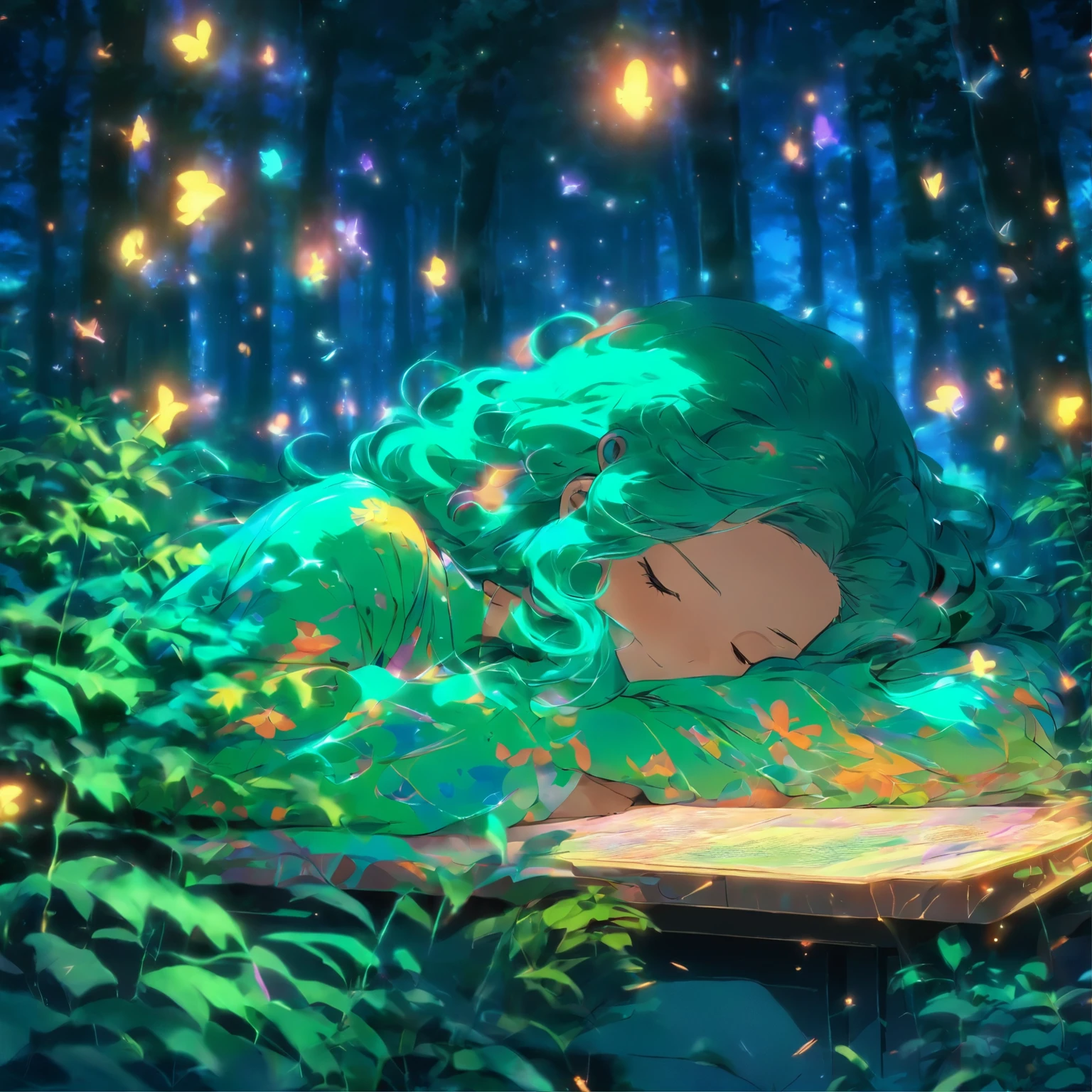 sleep in the forest、on the desk、two dimensional woman