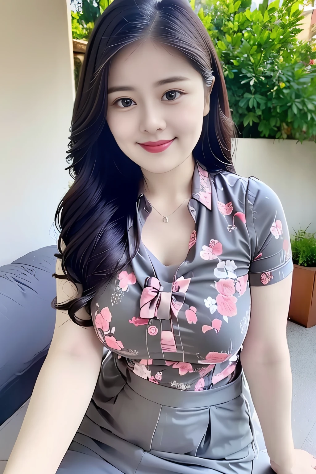 (top quality、8k、masterpiece:1.3))、30-year-old Korean woman,sharp focus, High level of image quality, high resolution,facial focus,Portrait ID photo,Upper body photo,。Draw lips correctly, red lipstick,necklace,big eyes,charming smile,Wear a floral green shirt,short sleeve,Pink floral bow tie。wavy long hair,,Mature,charming smile,Pink solid background,Warm background