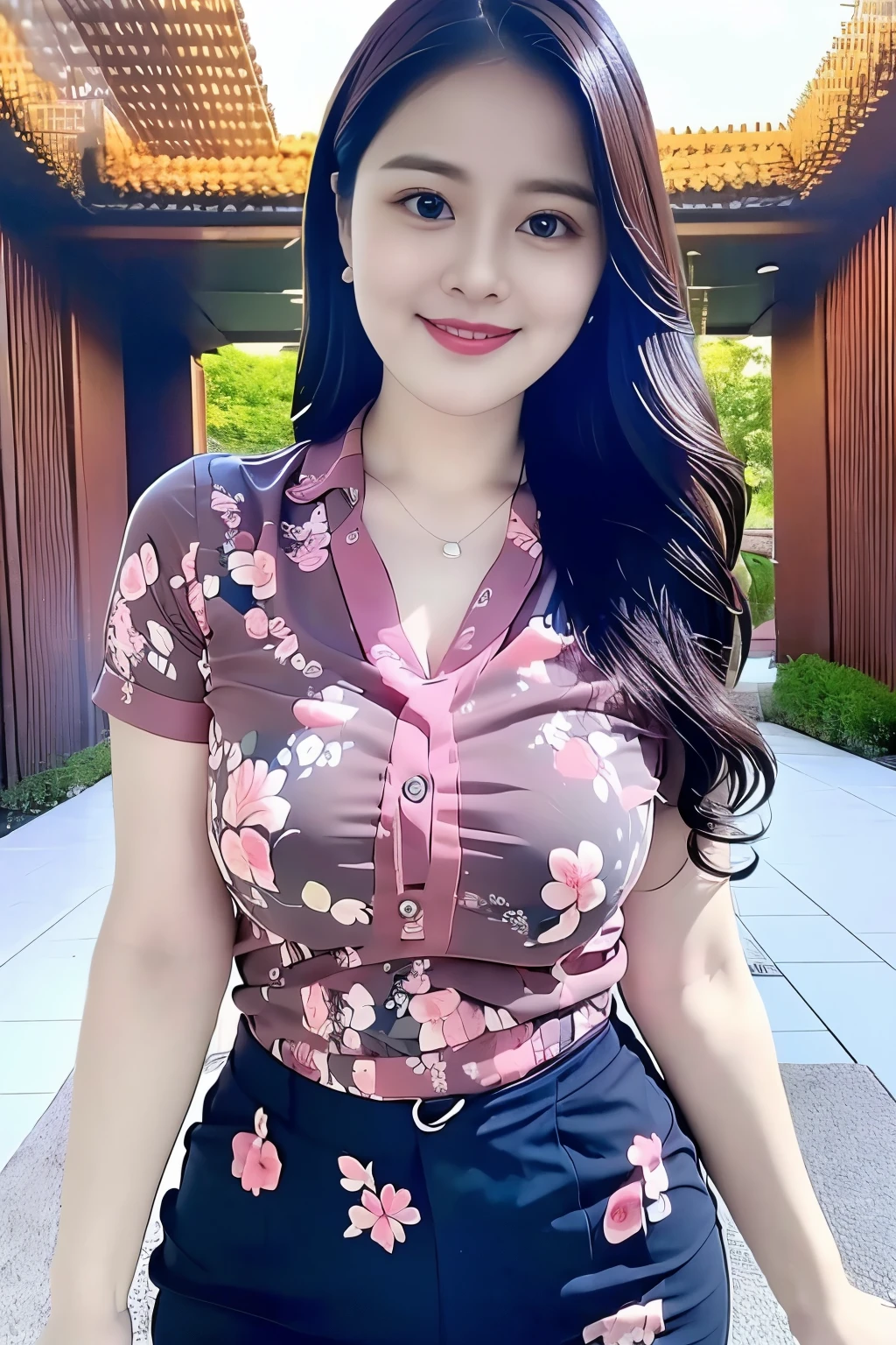 (top quality、8k、masterpiece:1.3))、30-year-old Korean woman,sharp focus, High level of image quality, high resolution,facial focus,Portrait ID photo,Upper body photo,。Draw lips correctly, red lipstick,necklace,big eyes,charming smile,Wear a floral green shirt,short sleeve,Pink floral bow tie。wavy long hair,,Mature,charming smile,Pink solid background,Warm background