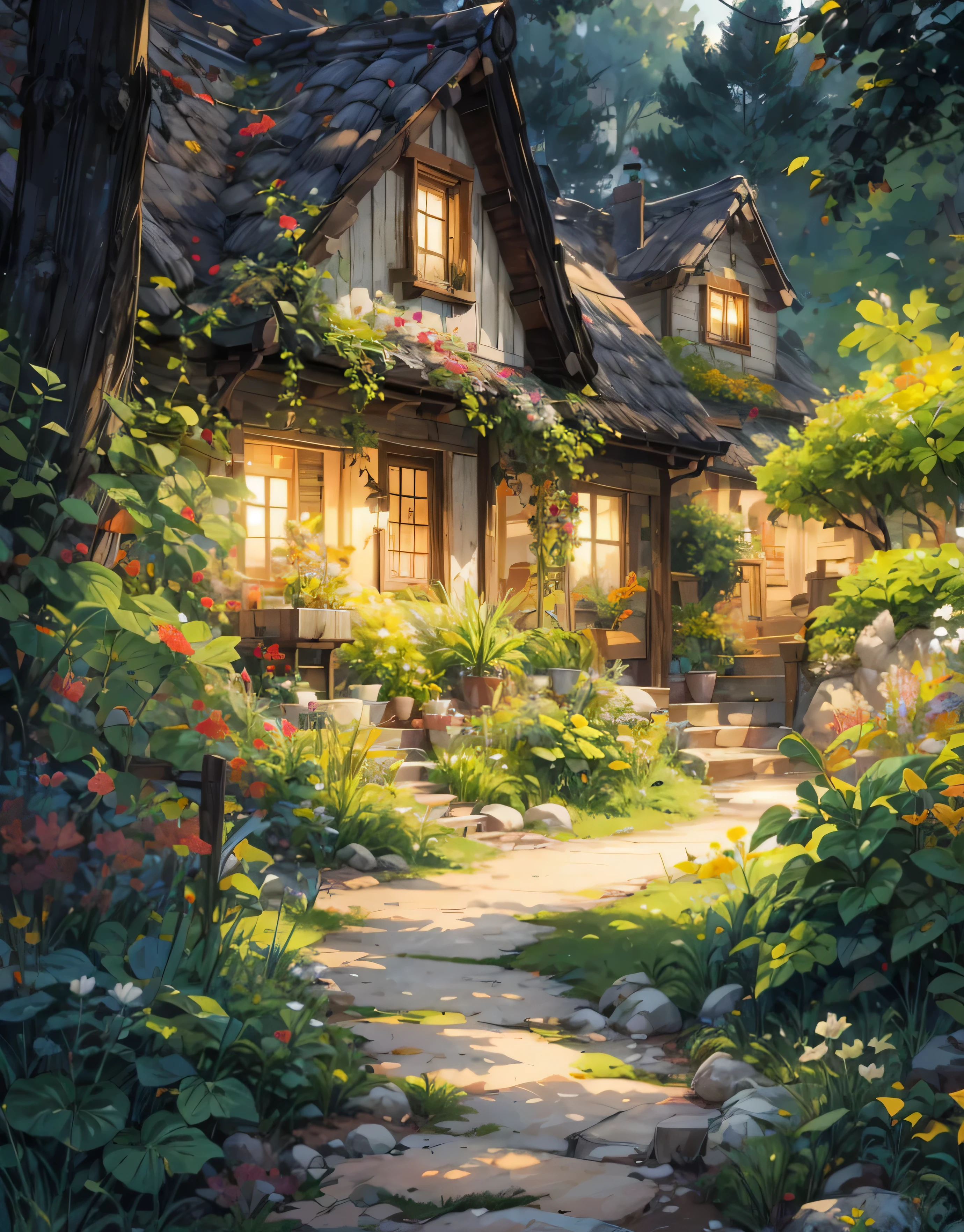 Drawing a house in the forest with a path leading to it, Andreas Ruscha style, Anime wallpaper art, It was drawn in the anime artist's studio, Beautiful house on a forest road, Detailed painting 4k, Inspired by Andreas Ruscha, By Yang J, Beautiful digital painting, Beautiful UHD 4K art, Hut in the woods, Detailed digital painting, Perfect cottage