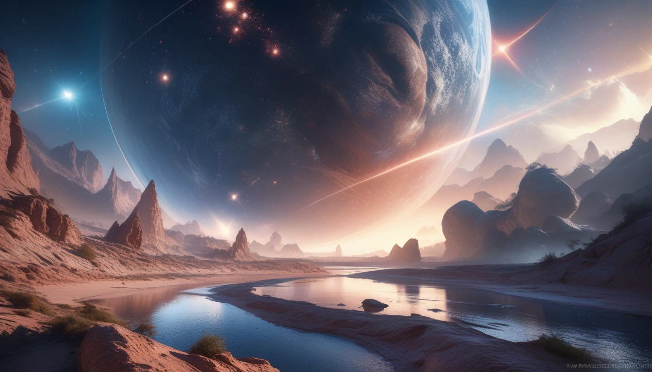 (best quality,4k,8k,highres,masterpiece:1.2),ultra-detailed,(realistic,photorealistic,photo-realistic:1.37),alien landscape,fantastical world,imaginary world,limit-breaking,creativity,unique and captivating,multicolored stars,giant planet with rings,binary stars,nearby nebula,shooting star shower,interstellar spaceships.