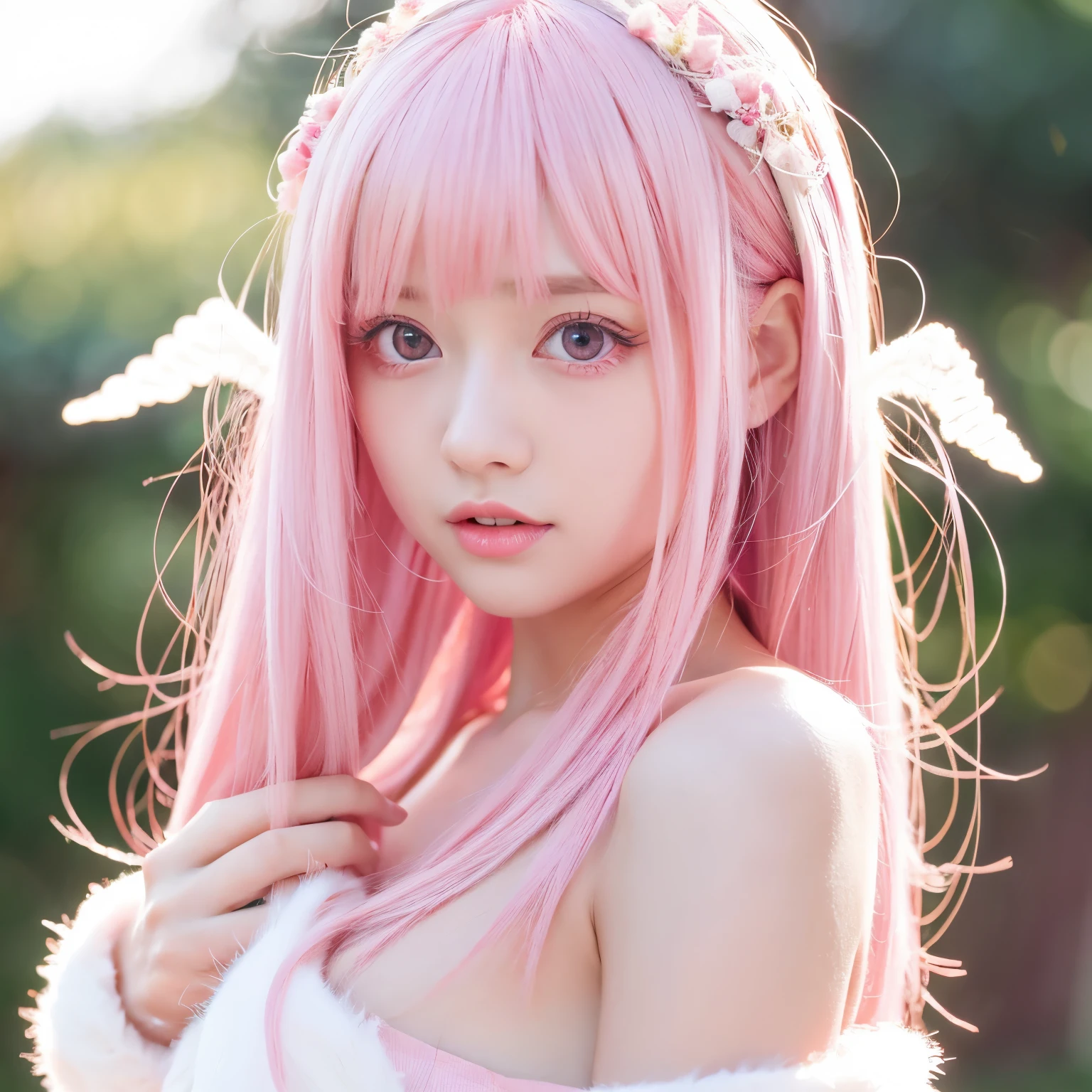 naked angel、pink hair、pink eyes