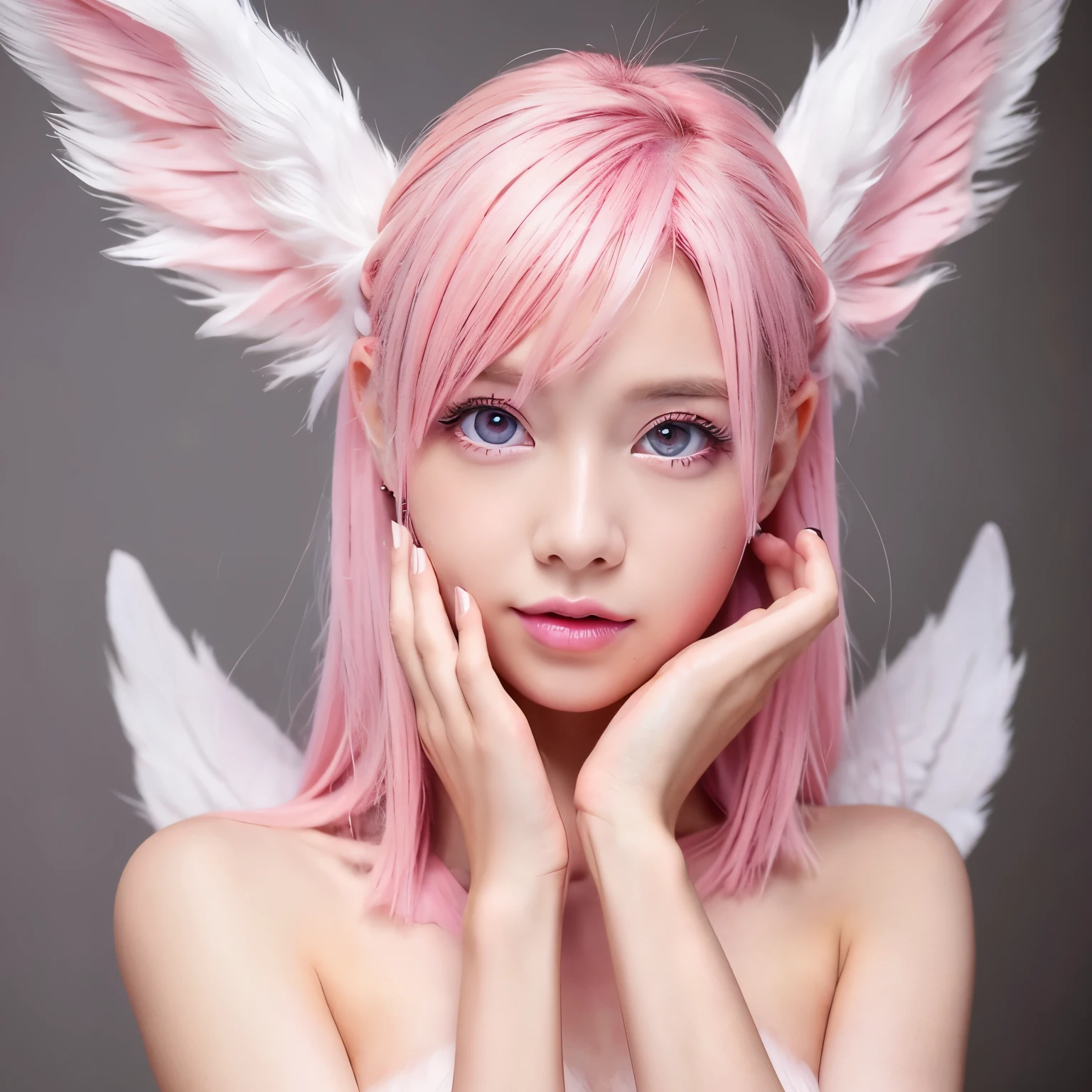 naked angel、pink hair、pink eyes