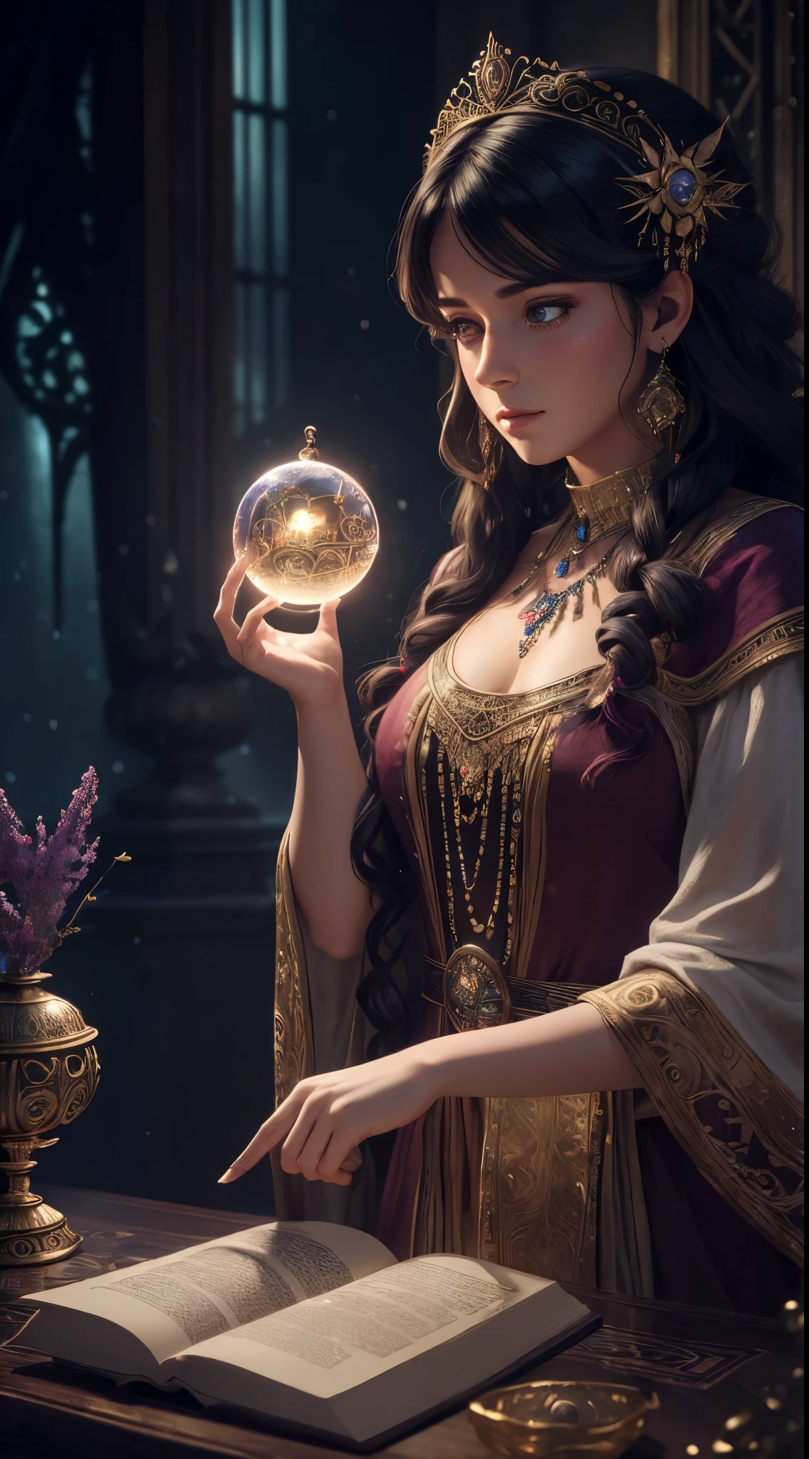 (masterpiece, best quality:1.4),( absurdres, high resolution, ultra detailed:1.2) {a vintage seeress(Romani accent 1800s) using a crystal ball to divine fortunes with her mystical Tarot deck, speak in a lilting, casting spells, bokeh flare, glowing, dramatic shading, dramatic lighting, intricate foliage}, fantasy art, cinema 4d, matte painting, polished, beautiful, colorful, intricate, eldritch, ethereal, vibrant, surrealism, surrealism, vray, nvdia ray tracing, cryengine, magical, 4k, 8k, masterpiece, crystal, romanticism, mythology