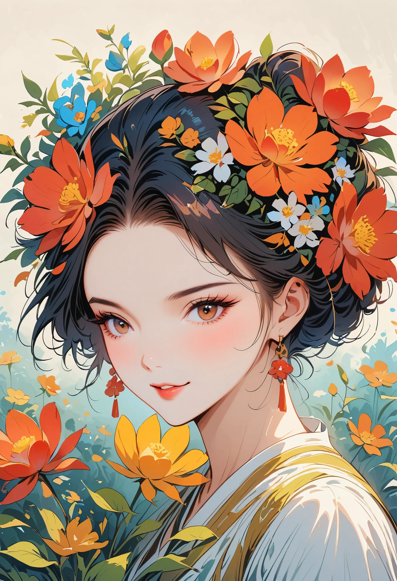 The lady with flowers on her hair is an acrylic painting, In the style of Lucy Glendine, Tony Dietlitz, A combination of organic and naturalistic, floral explosion, Matenho, light orange and brown, calm face--ar 3:4 -