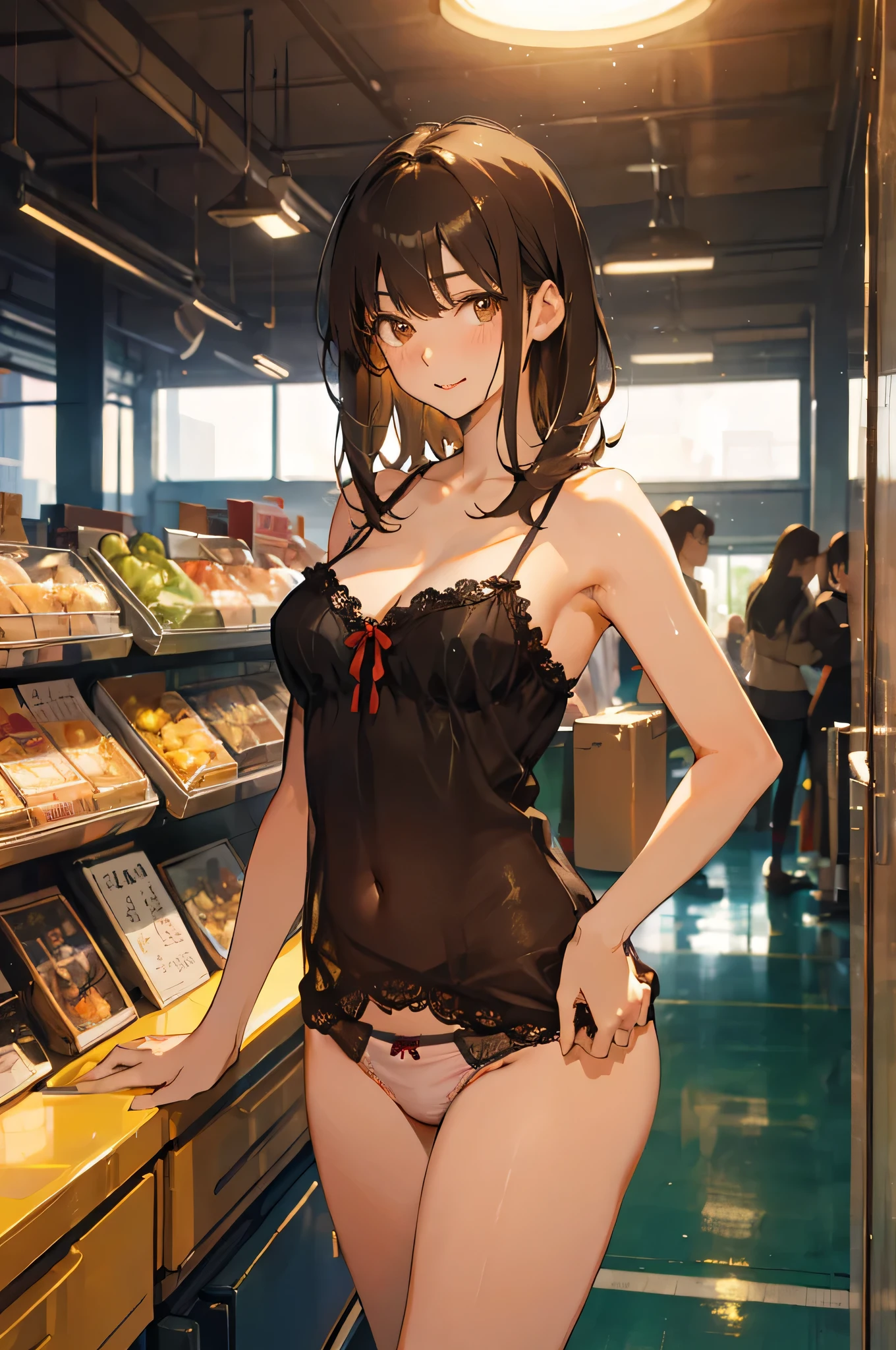 masterpiece, best quality, (Attractive woman), 28 years old, medium length hair, straight hair, bangs, model, large breasts, brown eyes, happy, (pubic hair:1.2) , (panties), (sexy pose), camisole, indoor