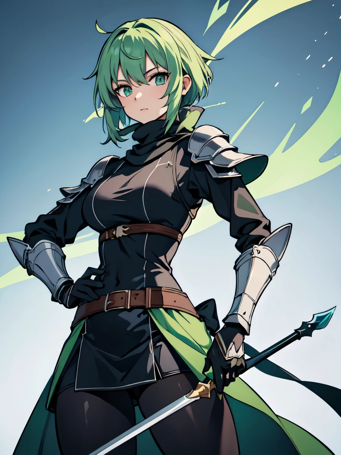 masterpiece, best quality, highres, 1girl, short green pastel hair, black shirt, turtleneck, long scarf, spear, armor