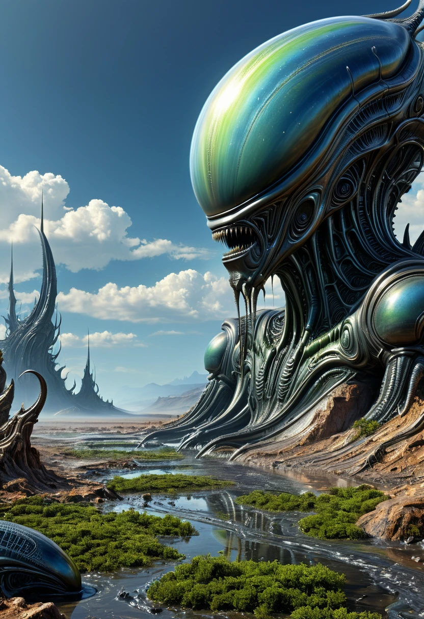 Alien Landscape, by Arik Brauer, (masterpiece, best quality, perfect composition, very aesthetic, absurdres, ultra-detailed, intricate details, Professional, official art, Representative work:1.3)