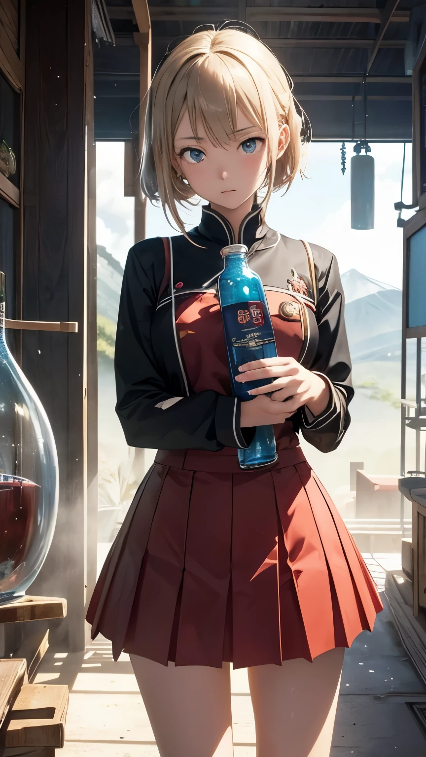 Thomas Crane, Hiroshi Manabe, Surreal, mysterious, strange, fantastical, fantasy, Sci-fi, Japanese anime, beautiful high school girl in a miniskirt who keeps a volcano in a glass bottle, perfect voluminous body, observing eruptions, summer vacation assignment, detailed masterpiece Hyper realistic sharp focus 