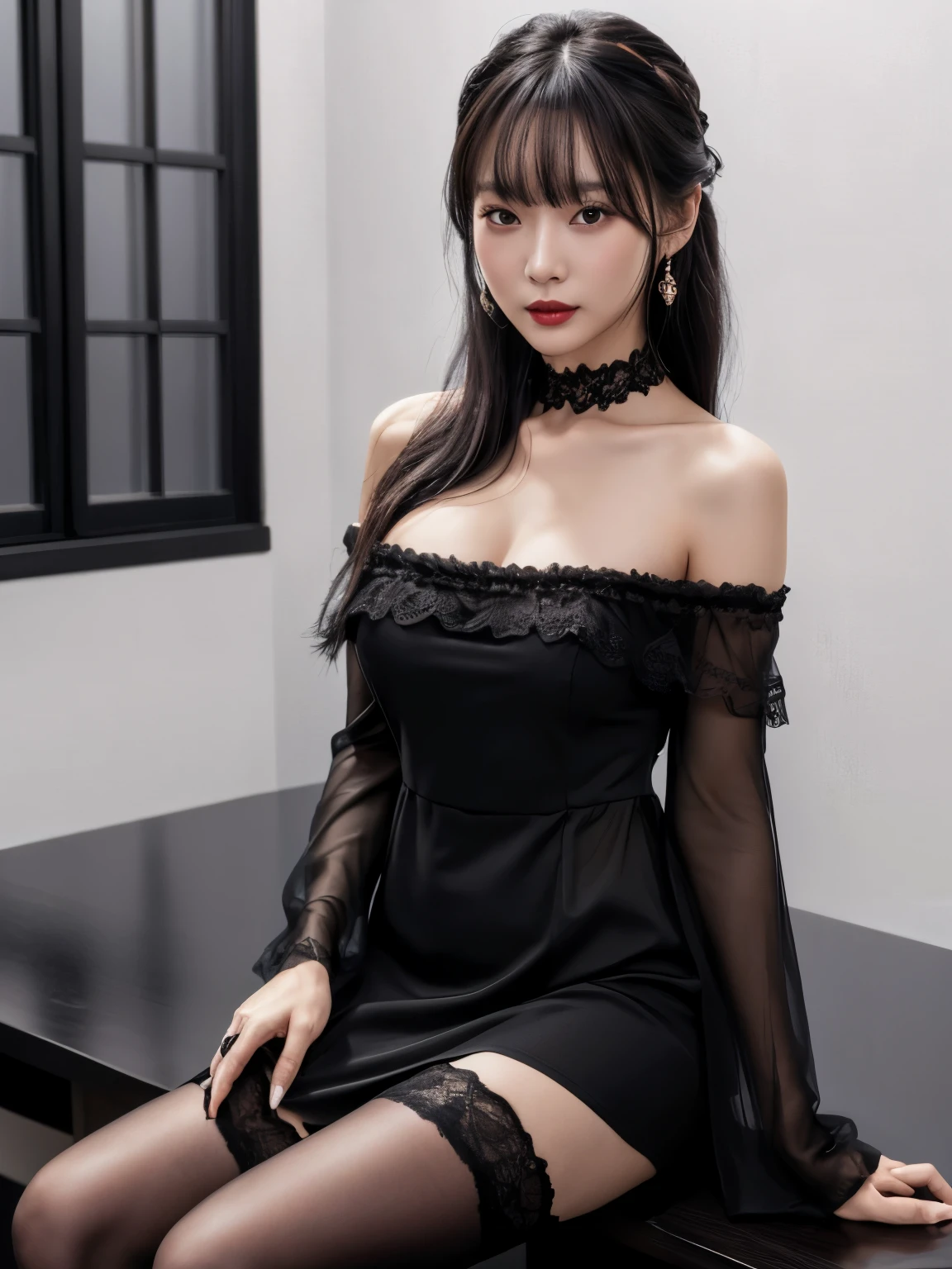 8K,Raw photo,highest quality,masterpiece,realistic,1 girl,off shoulder dress,black stockings,sexy