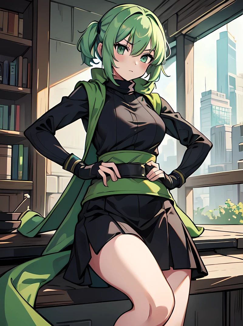 masterpiece, best quality, highres, 1girl, short green pastel hair, black shirt, turtleneck, long scarf, spear, armor