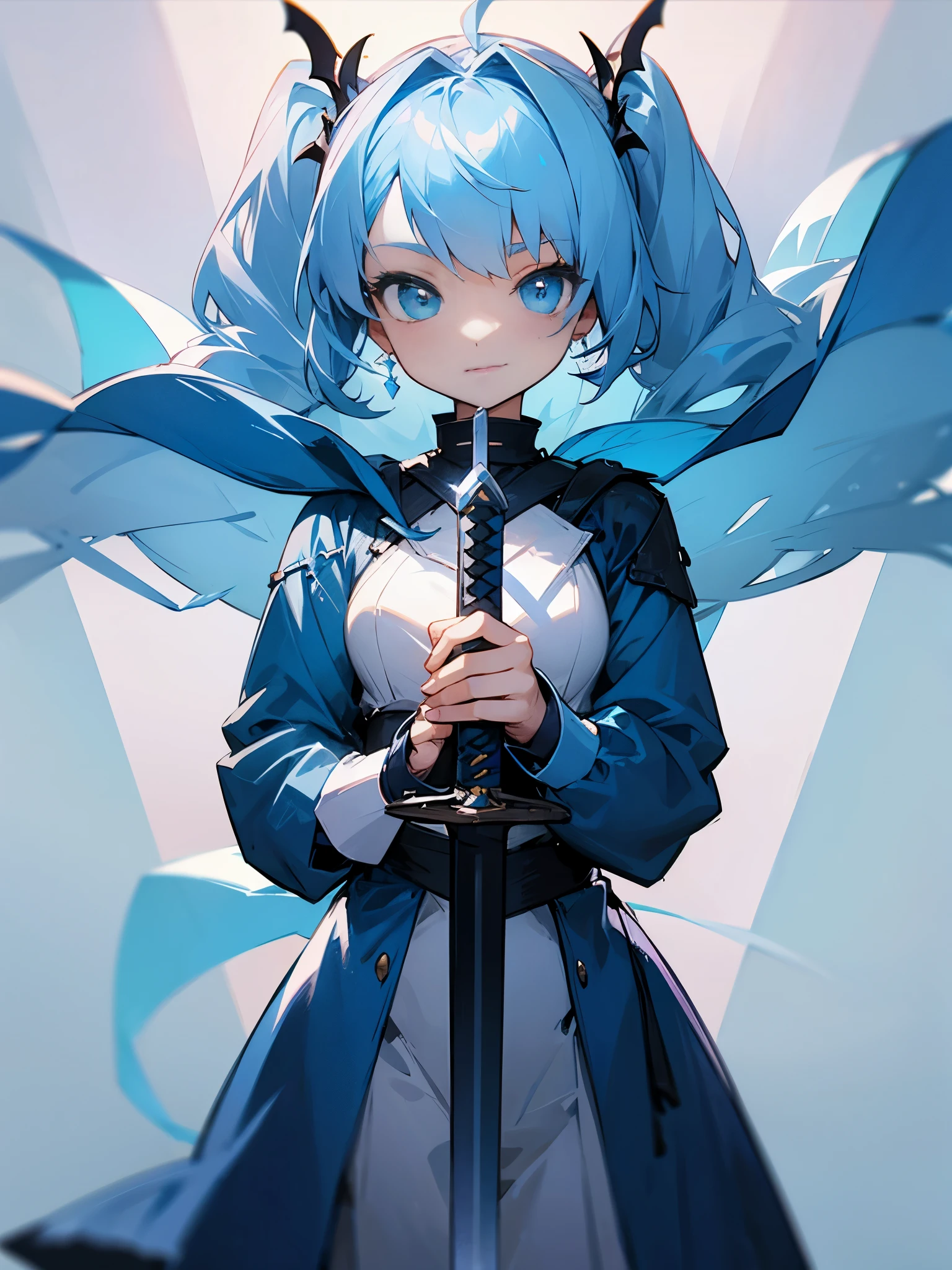 Knight with sword sword cool twintails light blue hair female