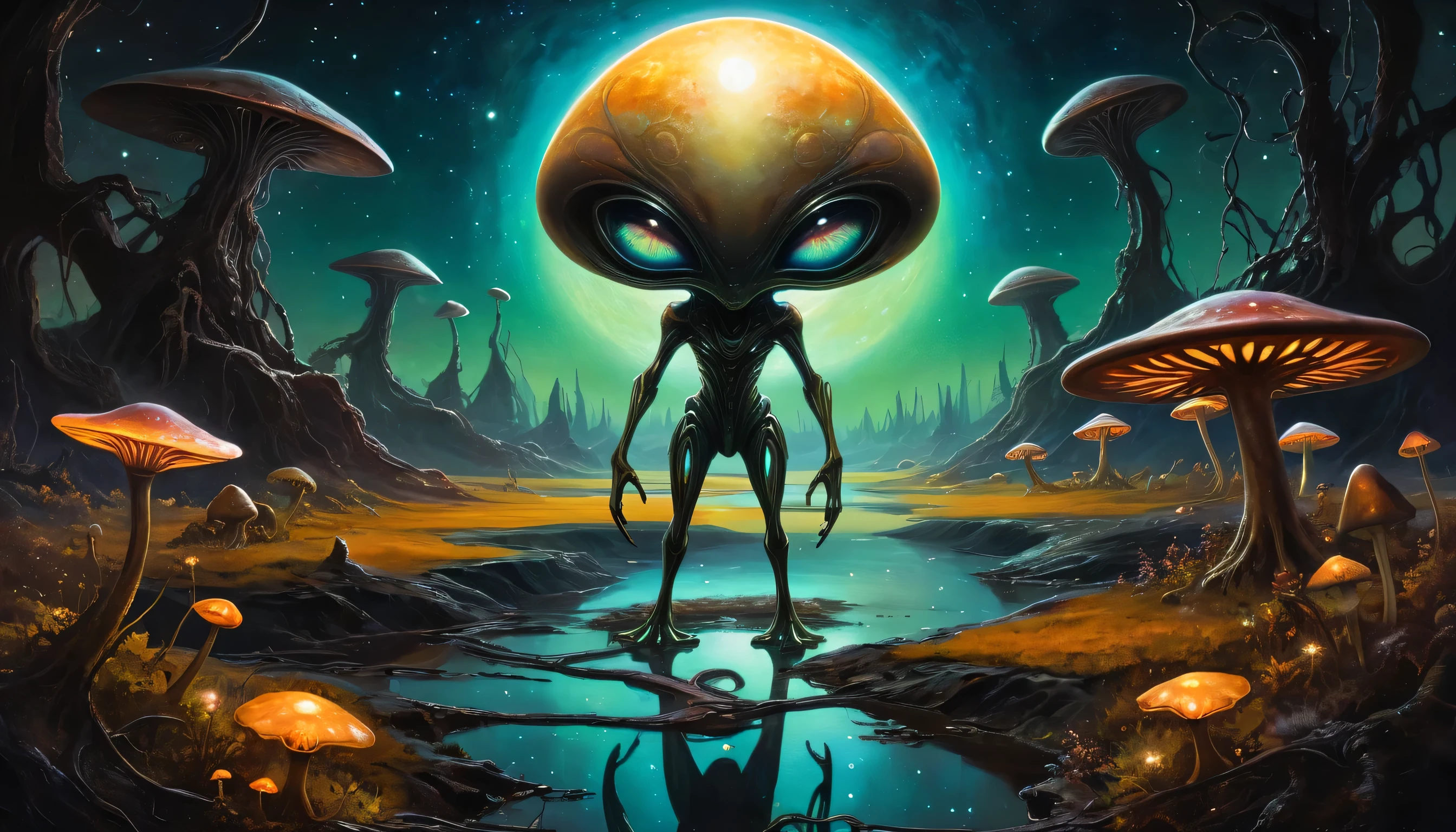 alien landscape of star light back alien illustration, dim glow eyes alien standing, metal steel ground, moon light with no cloud, slime body creature walk, cyber creepy aliens, river of rust, around cosmic neuron flower, creepy glow of space mushroom, intricate detail oil paint, insane shadow and light gouache paint, (((stunning detail of matte-painting illustration:1.3))), high quality, tonal contrast, beautiful detail, shadow enhancement, extremely fine brush-work,