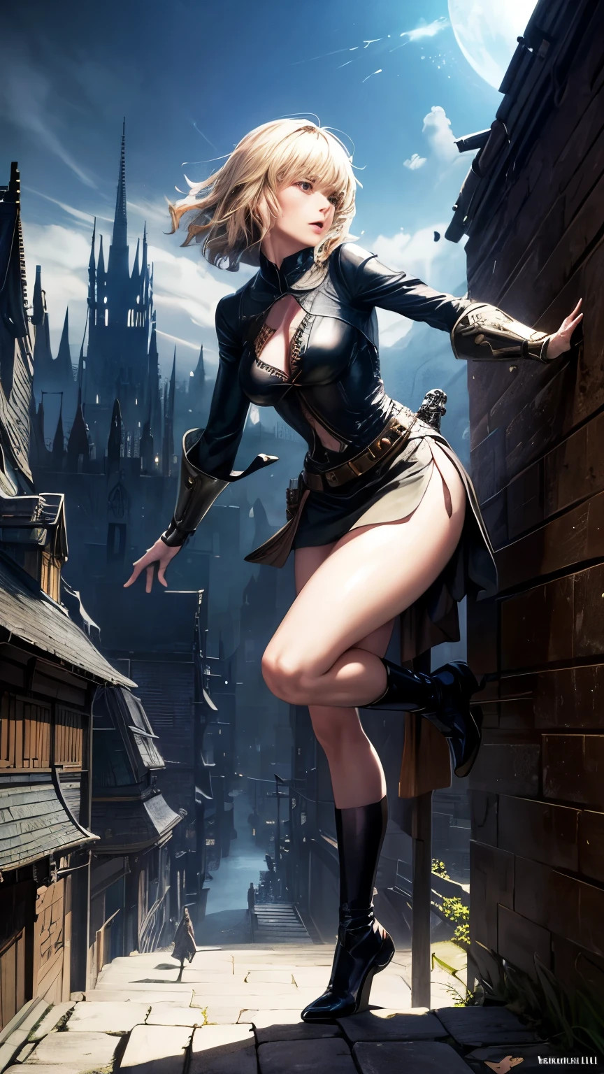 Arthur Rackham, Wally Wood, Surreal, mysterious, strange, fantastical, fantasy, Sci-fi, Japanese anime, city model and paradise model, Alice, the beautiful blonde miniskirt girl who kicks away the North Star, perfect voluminous body, dynamic action poses detailed masterpiece Hyper realistic sharp focus cinematic lighting depth of field