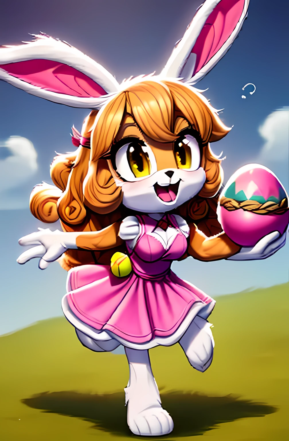 Female bunny, cream fur, yellow hair, poofy white tail, long sundress, long curly hair,  body, medium breasts, carrying an easter basket filled with easter eggs, skipping in the meadows singing a song