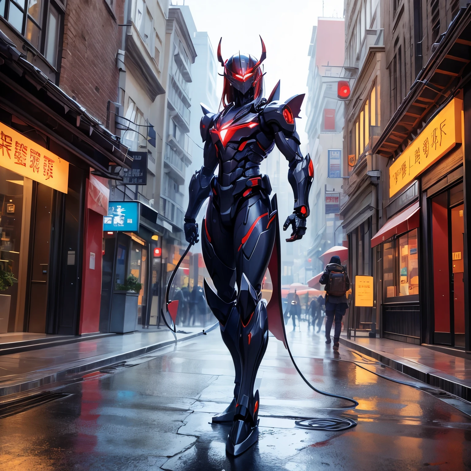 (Demon Mecha, 3D rendering), Background city street center, Clear HD, 8K resolution, Very detailed, number, concept art, Xin Haicheng style, Pop music Pop musicularization trend, Pop music, Pop music trend on pixiv.