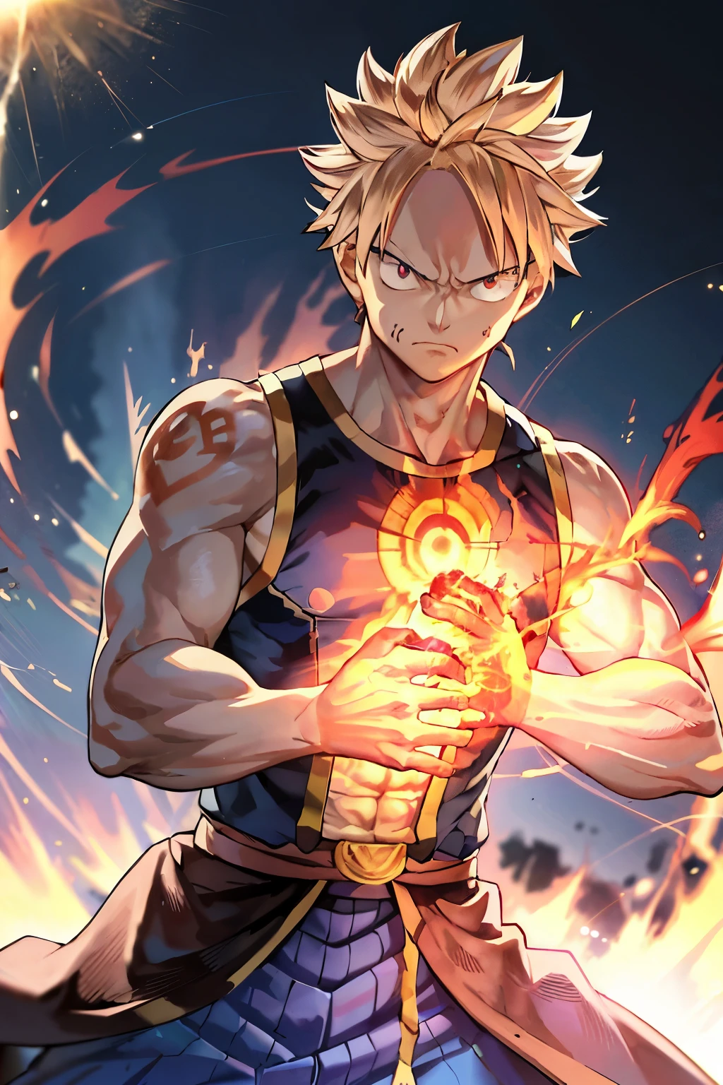 In the captivating world of anime, the iconic Kamehameha wave unleashes its magnificent energy. A powerful figure, clad in a bald head and a blue gi, concentrates with fervent determination. His fiery orange eyes lock onto the viewer, radiating an aura of immense power. The background is blurred, as if secondary to the main event, leaving all attention focused on the hero. The muscular arms of the character extend forward, bent at the elbow, forming a perfect circle. The intricately detailed muscles ripple with every movement, as the character prepares to unleash the infamous Kamehameha blast. With a slight tilt of the head