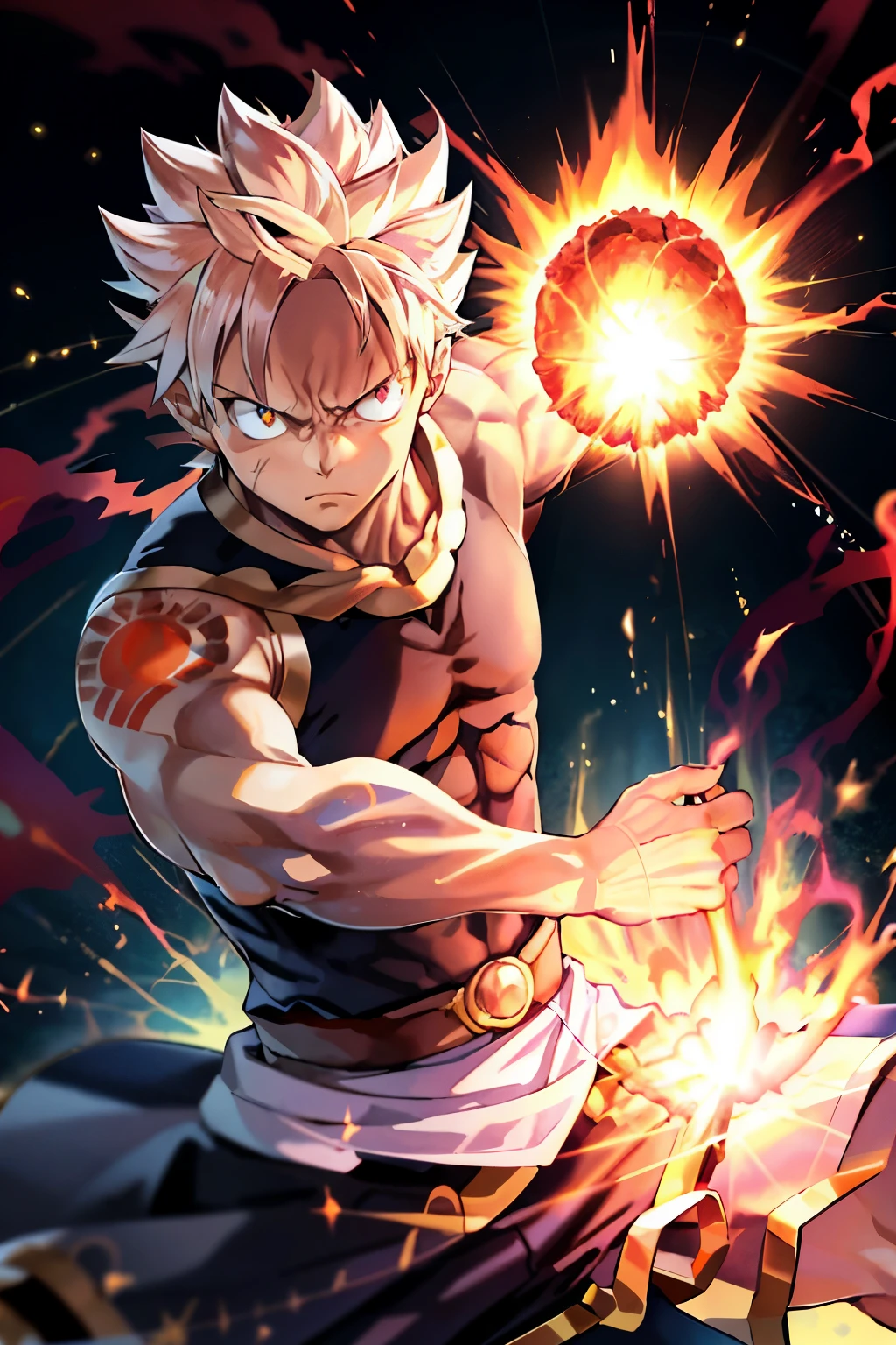 In the captivating world of anime, the iconic Kamehameha wave unleashes its magnificent energy. A powerful figure, clad in a bald head and a blue gi, concentrates with fervent determination. His fiery orange eyes lock onto the viewer, radiating an aura of immense power. The background is blurred, as if secondary to the main event, leaving all attention focused on the hero. The muscular arms of the character extend forward, bent at the elbow, forming a perfect circle. The intricately detailed muscles ripple with every movement, as the character prepares to unleash the infamous Kamehameha blast. With a slight tilt of the head