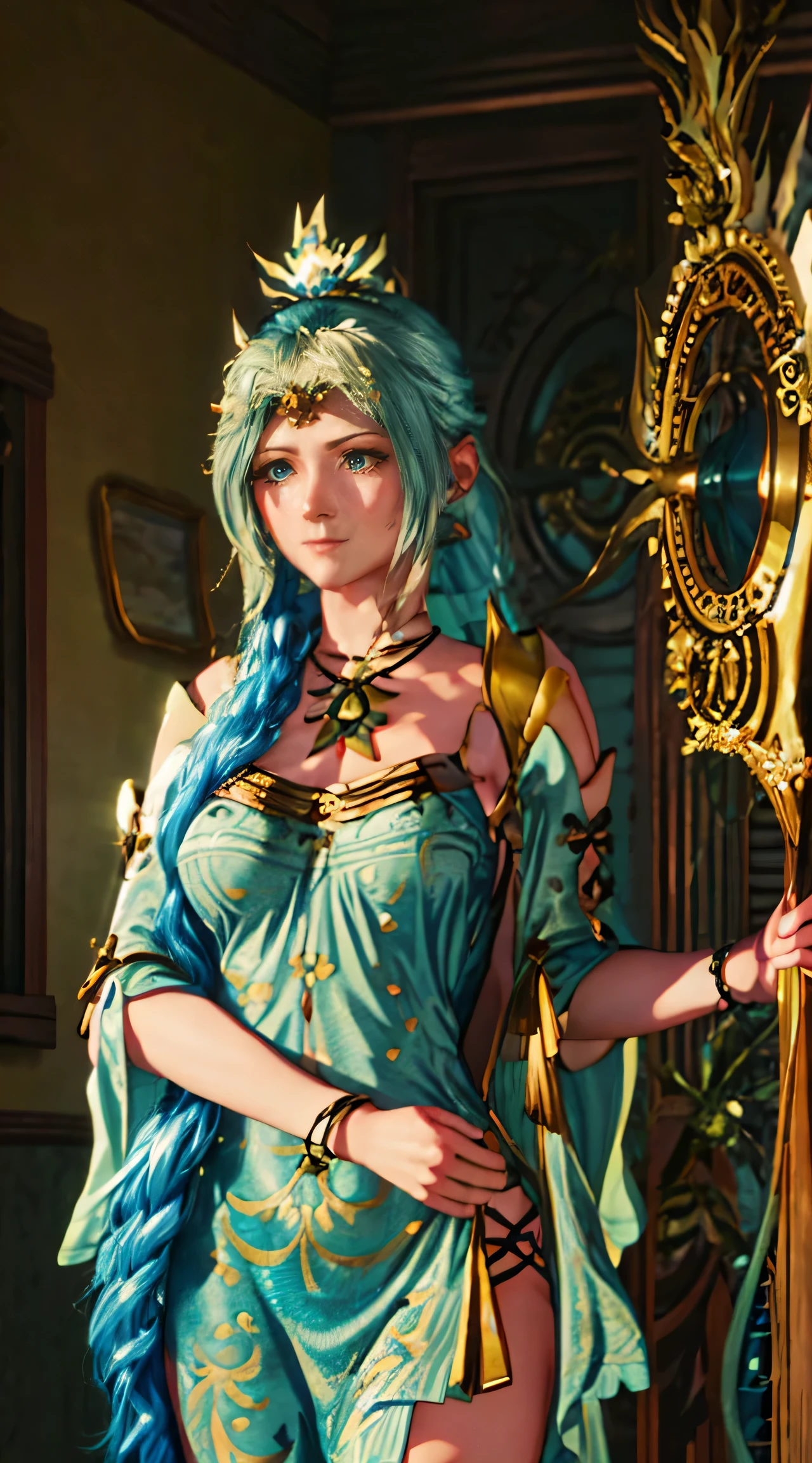 long flowing sea blue hair, aqua woman headdress, ruler of the seas, green clothes with typical Indonesian Javanese motifs, gold lace motifs, batik, holding a sparkling gold trident staff, sharp eyes full of enthusiasm, thin smile full of mystery, beautiful body, big chest, in the depths of the sea, sea palace flats holding a huge fan, futuristic, small fish, whales and sharks around it, hyper realistic, ray tracing rendering, ultra detailed, insine detail, photo-realistic