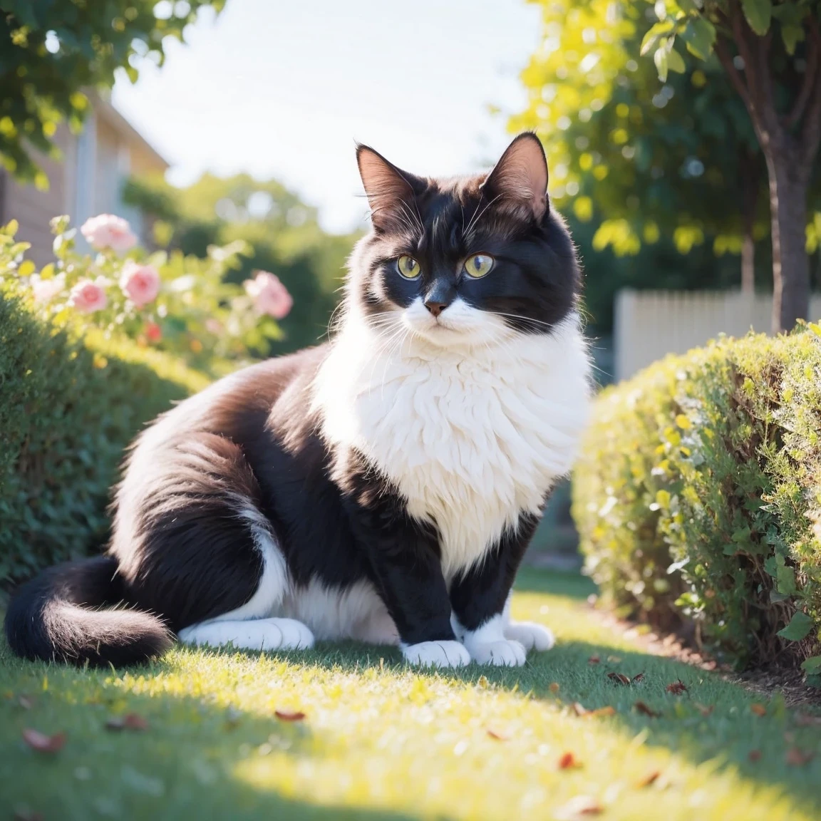 a cat,beautiful detailed eyes,beautiful detailed fur,fluffy tail,playful attitude,cute whiskers,soft paws,relaxed posture,sunlit garden background,photorealistic,painted style,vibrant colors,warm lighting